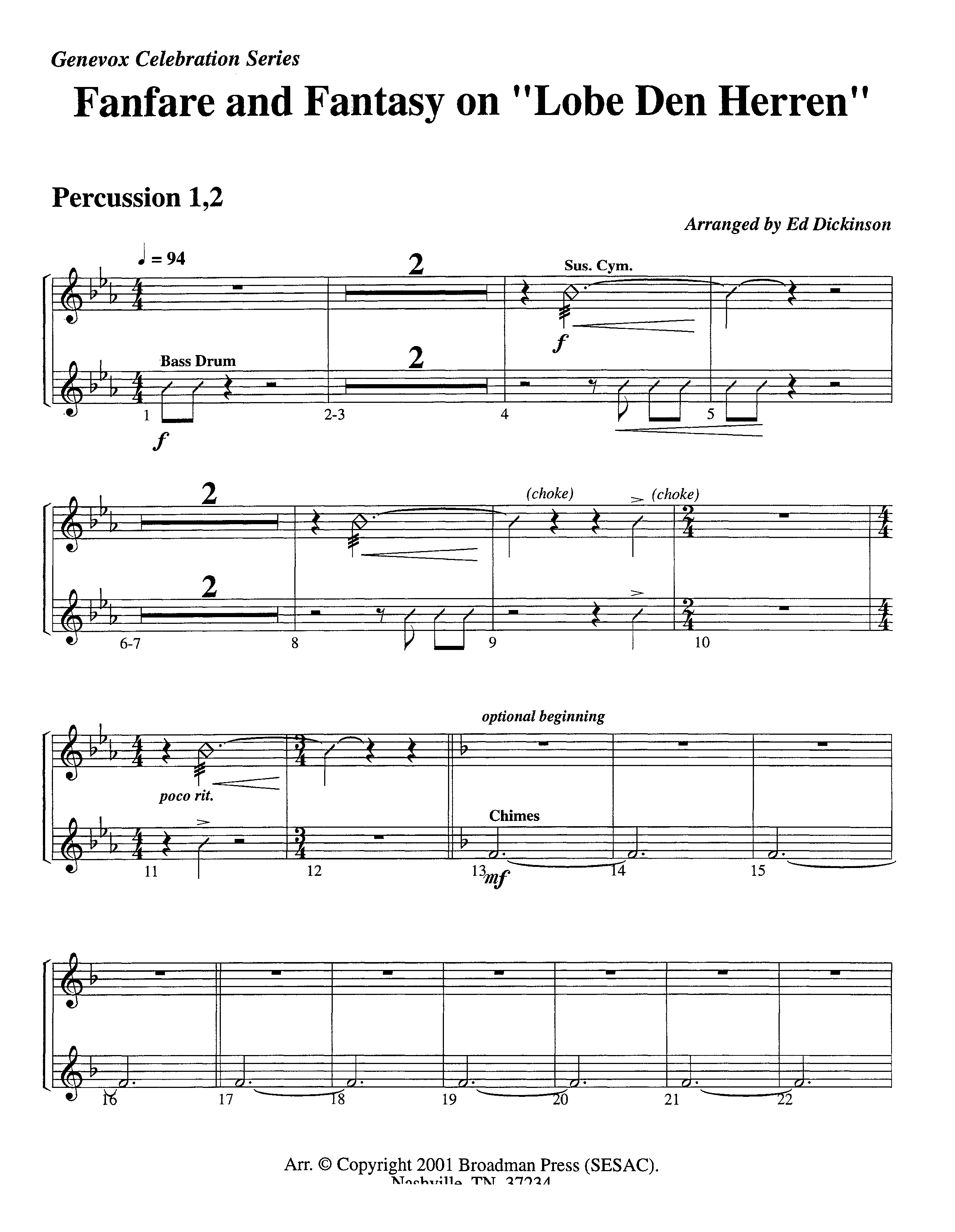 Fanfare and Fantasy on Lobe Den Herren (Instrumental) Percussion 1/2 (Lifeway Worship / Arr. Ed Dickinson)