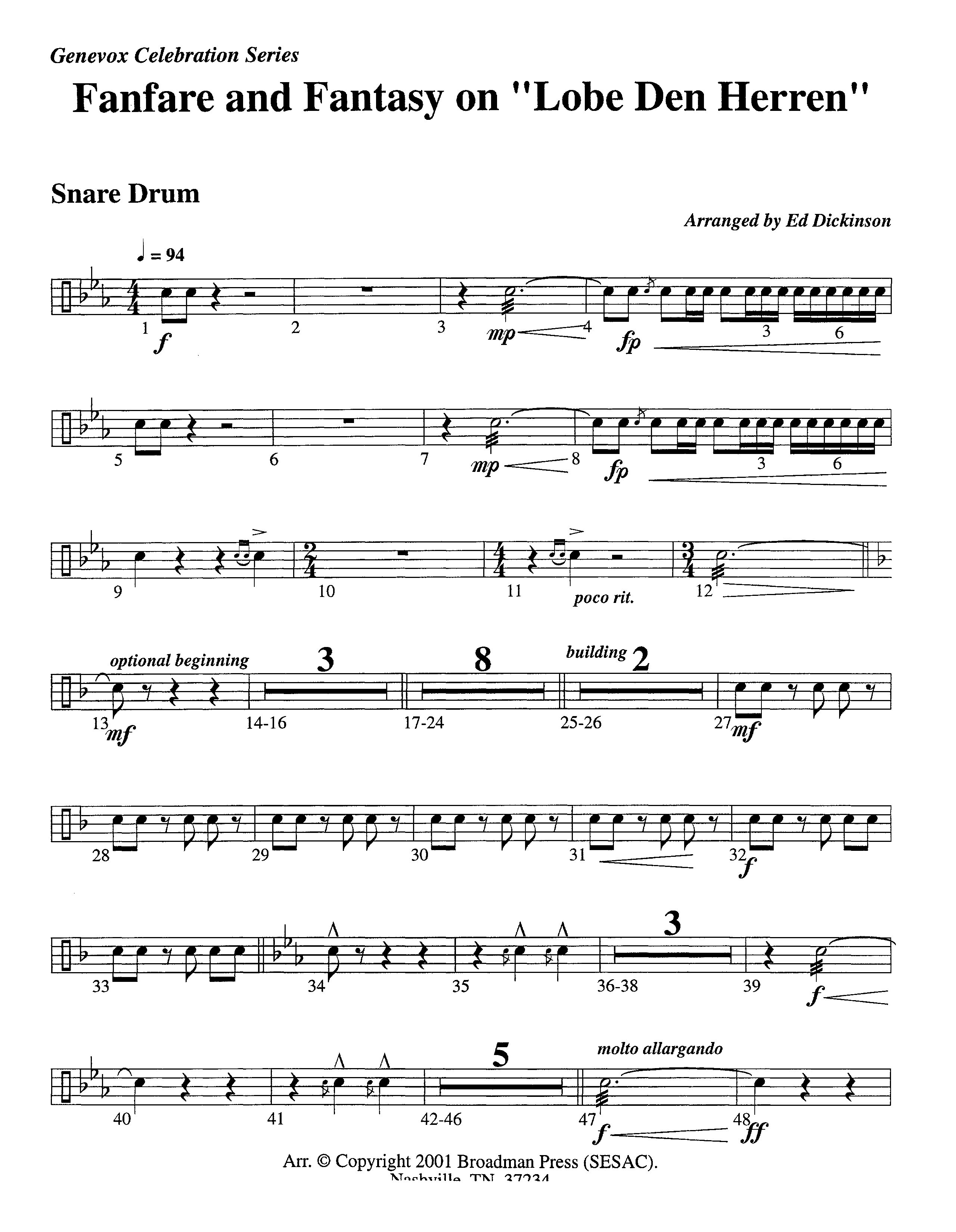 Fanfare and Fantasy on Lobe Den Herren (Instrumental) Snare Drum (Lifeway Worship / Arr. Ed Dickinson)