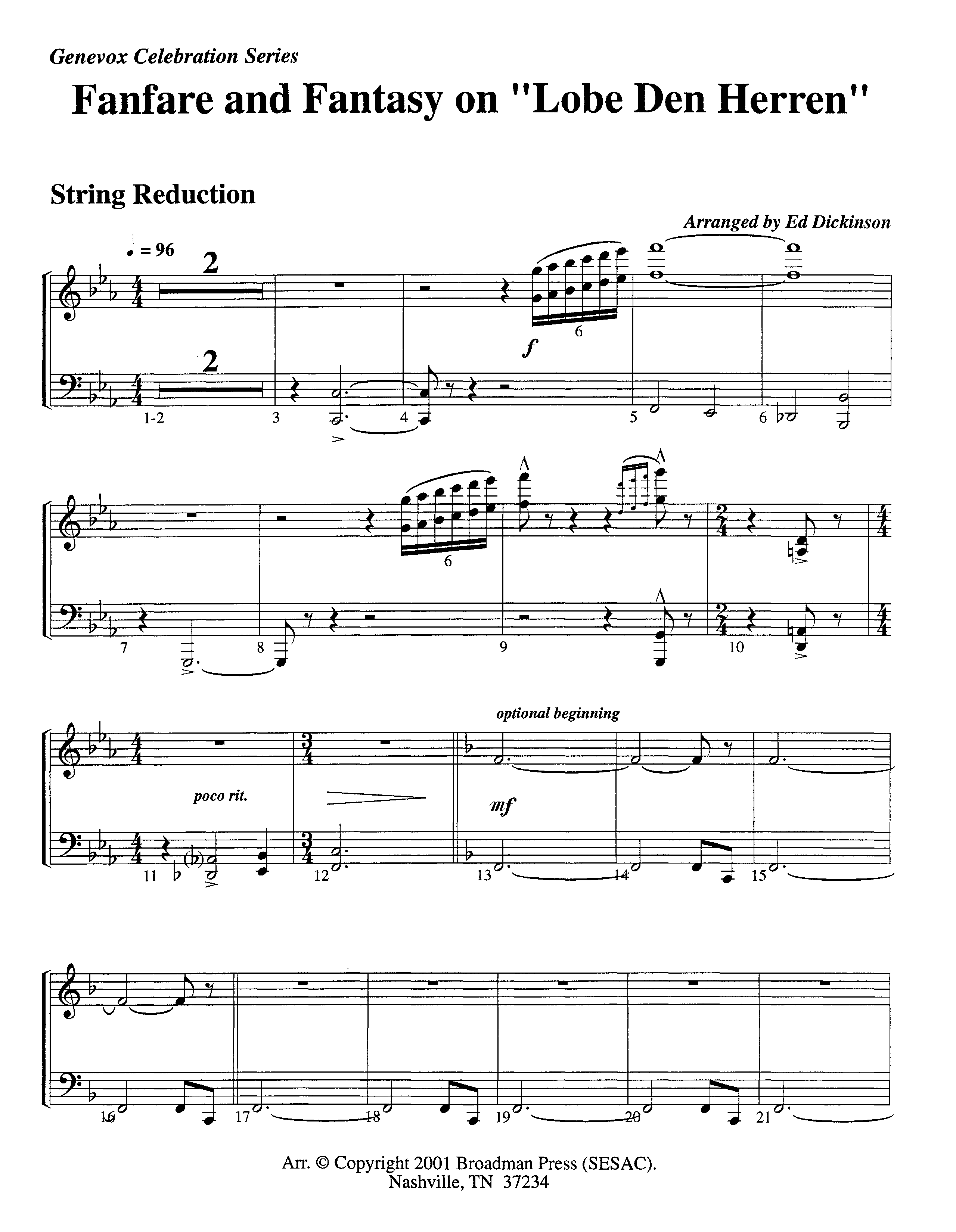 Fanfare and Fantasy on Lobe Den Herren (Instrumental) String Reduction (Lifeway Worship / Arr. Ed Dickinson)