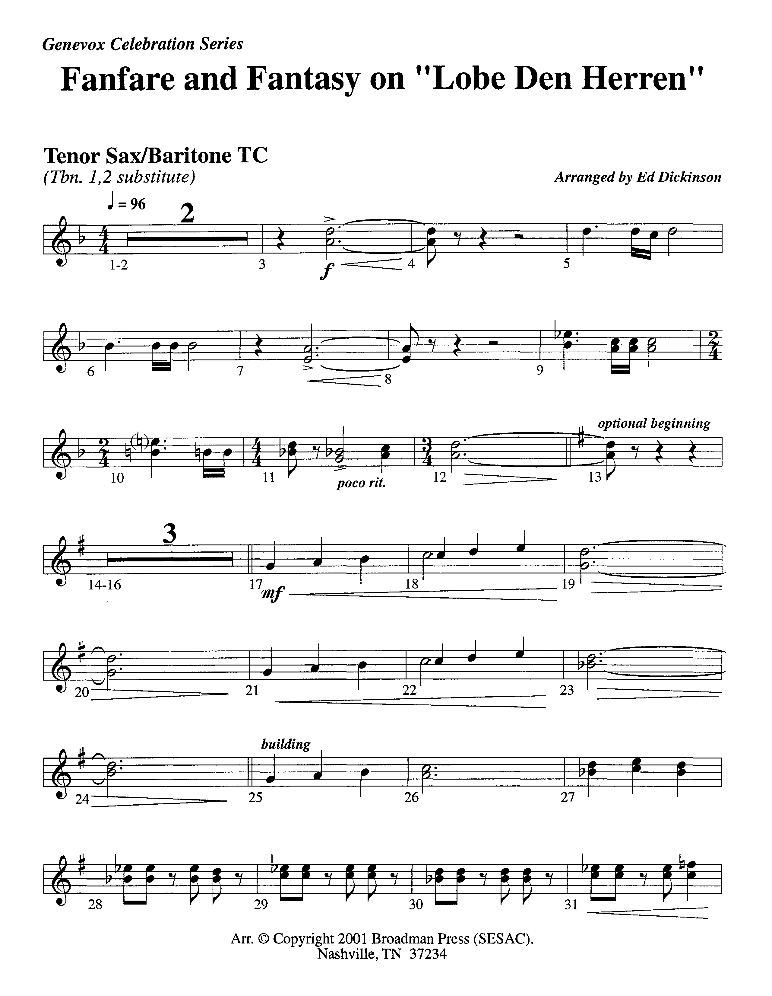 Fanfare and Fantasy on Lobe Den Herren (Instrumental) Tenor Sax/Baritone T.C. (Lifeway Worship / Arr. Ed Dickinson)