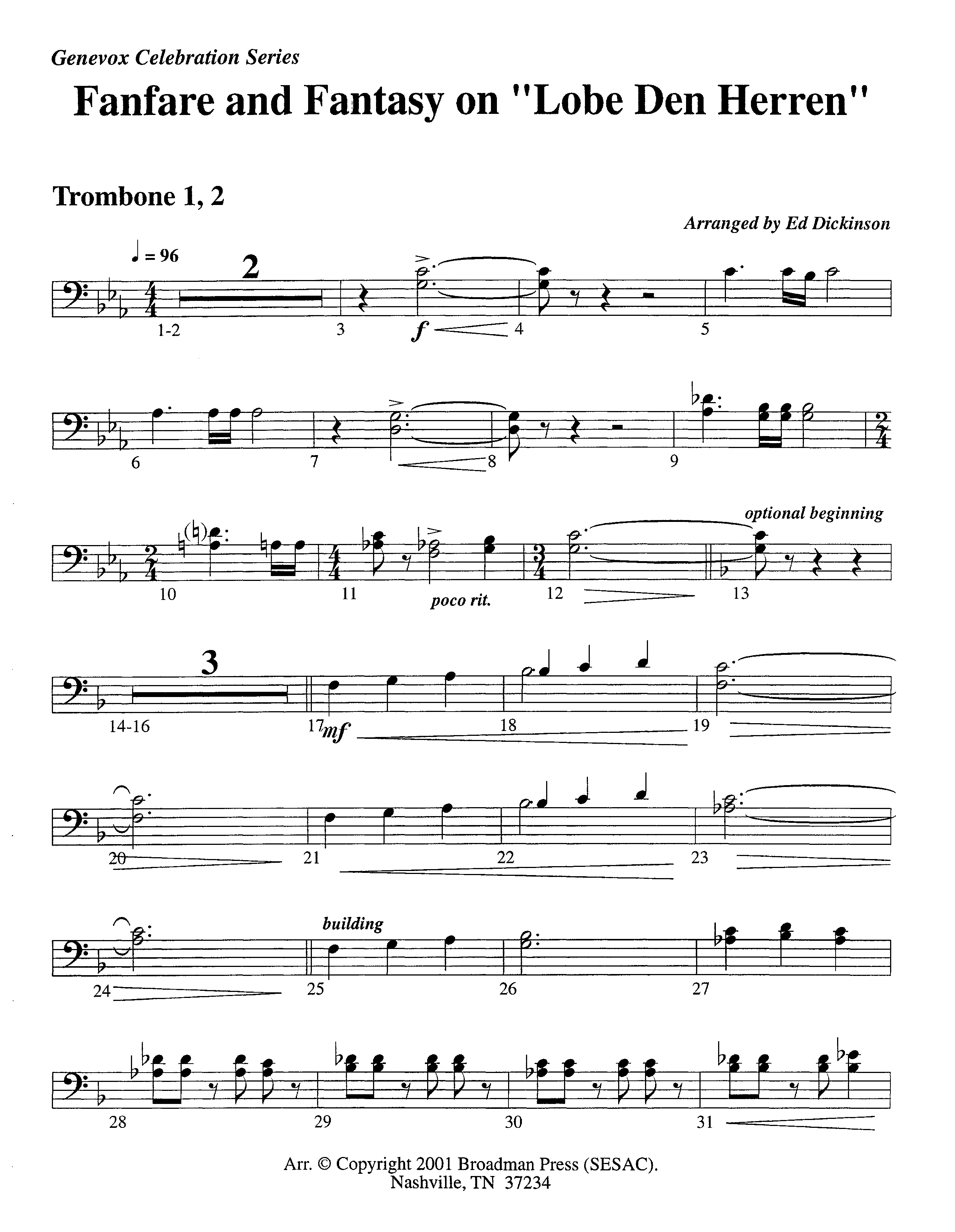 Fanfare and Fantasy on Lobe Den Herren (Instrumental) Trombone 1/2 (Lifeway Worship / Arr. Ed Dickinson)