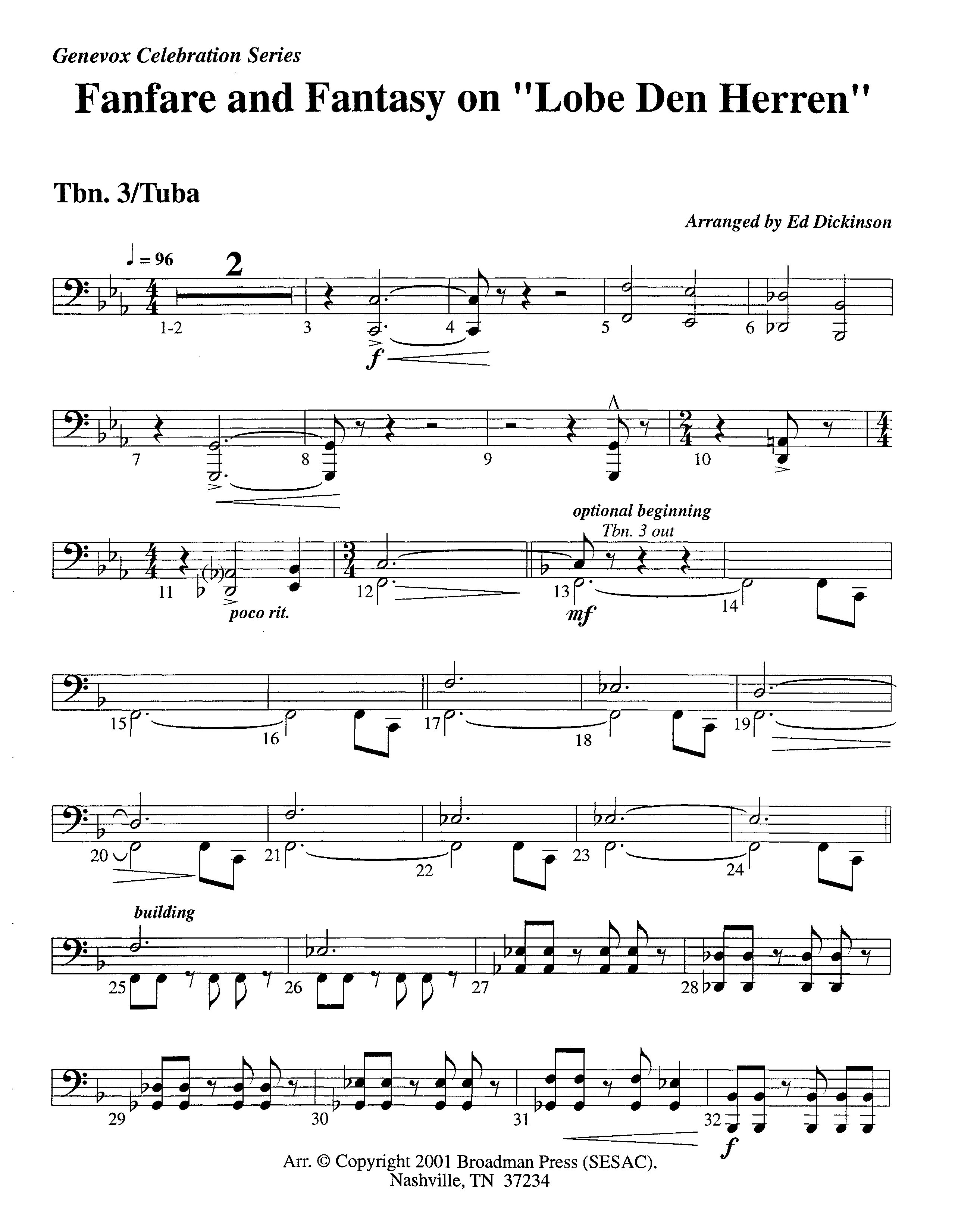 Fanfare and Fantasy on Lobe Den Herren (Instrumental) Trombone 3/Tuba (Lifeway Worship / Arr. Ed Dickinson)