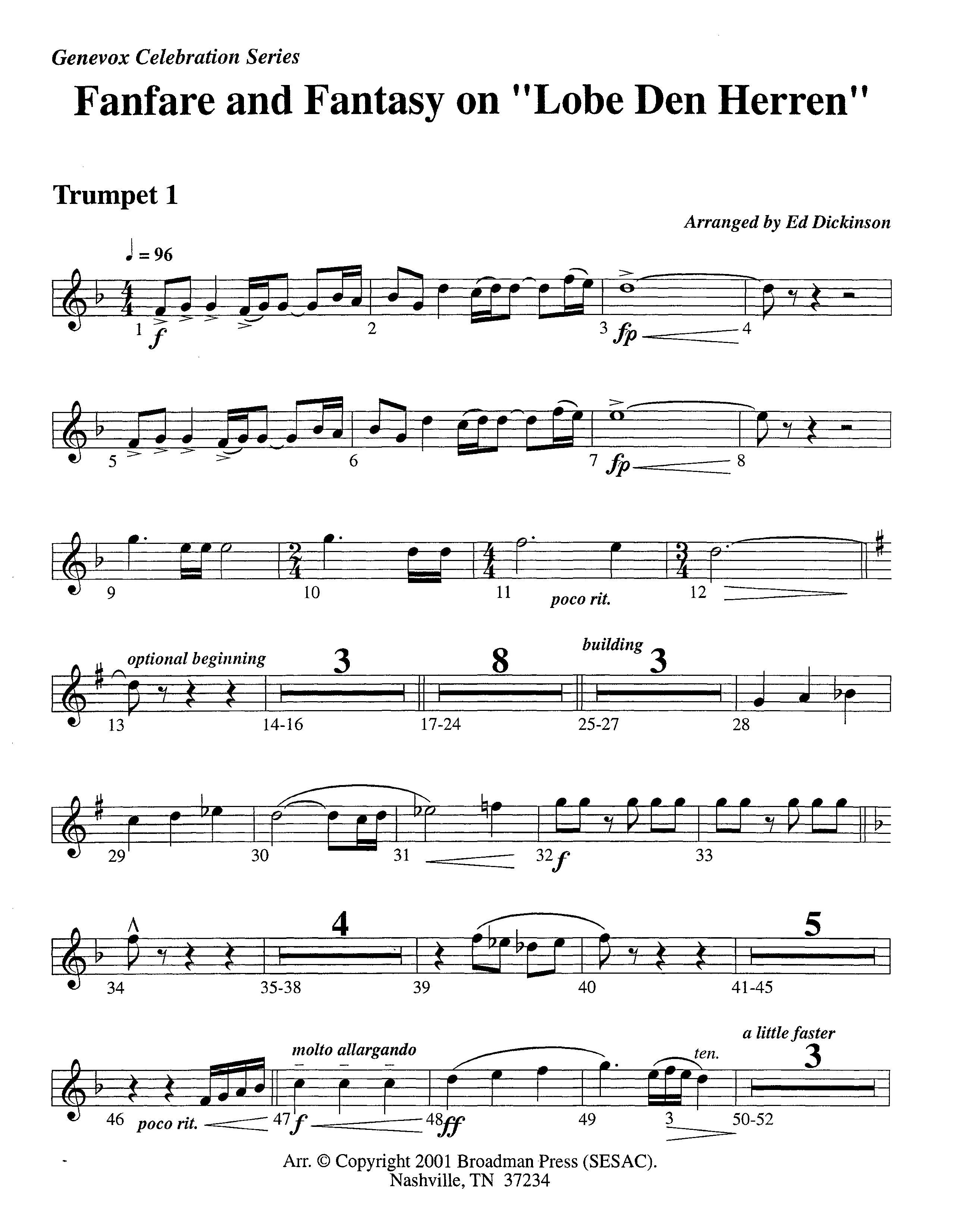 Fanfare and Fantasy on Lobe Den Herren (Instrumental) Trumpet 1 (Lifeway Worship / Arr. Ed Dickinson)