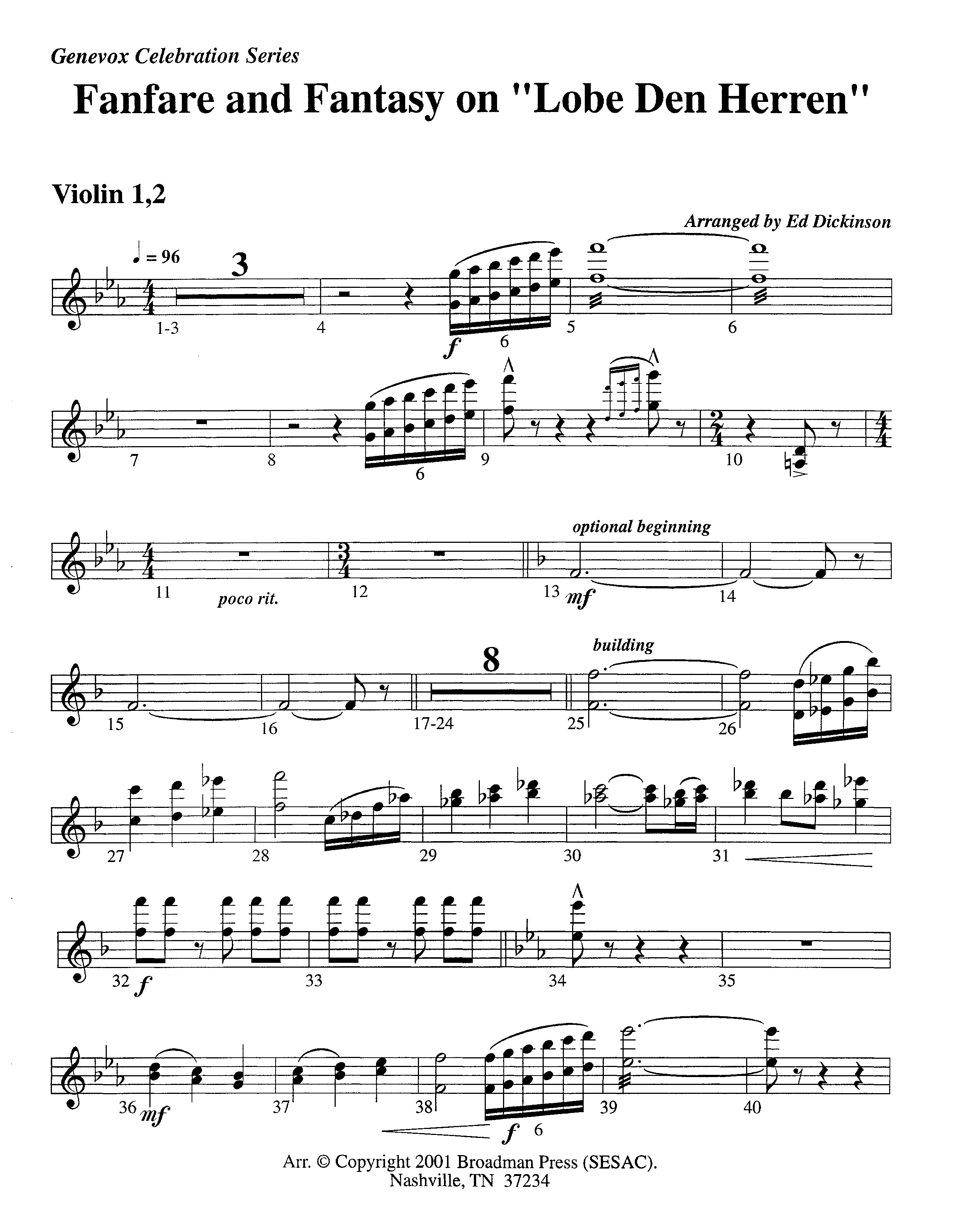 Fanfare and Fantasy on Lobe Den Herren (Instrumental) Violin 1/2 (Lifeway Worship / Arr. Ed Dickinson)