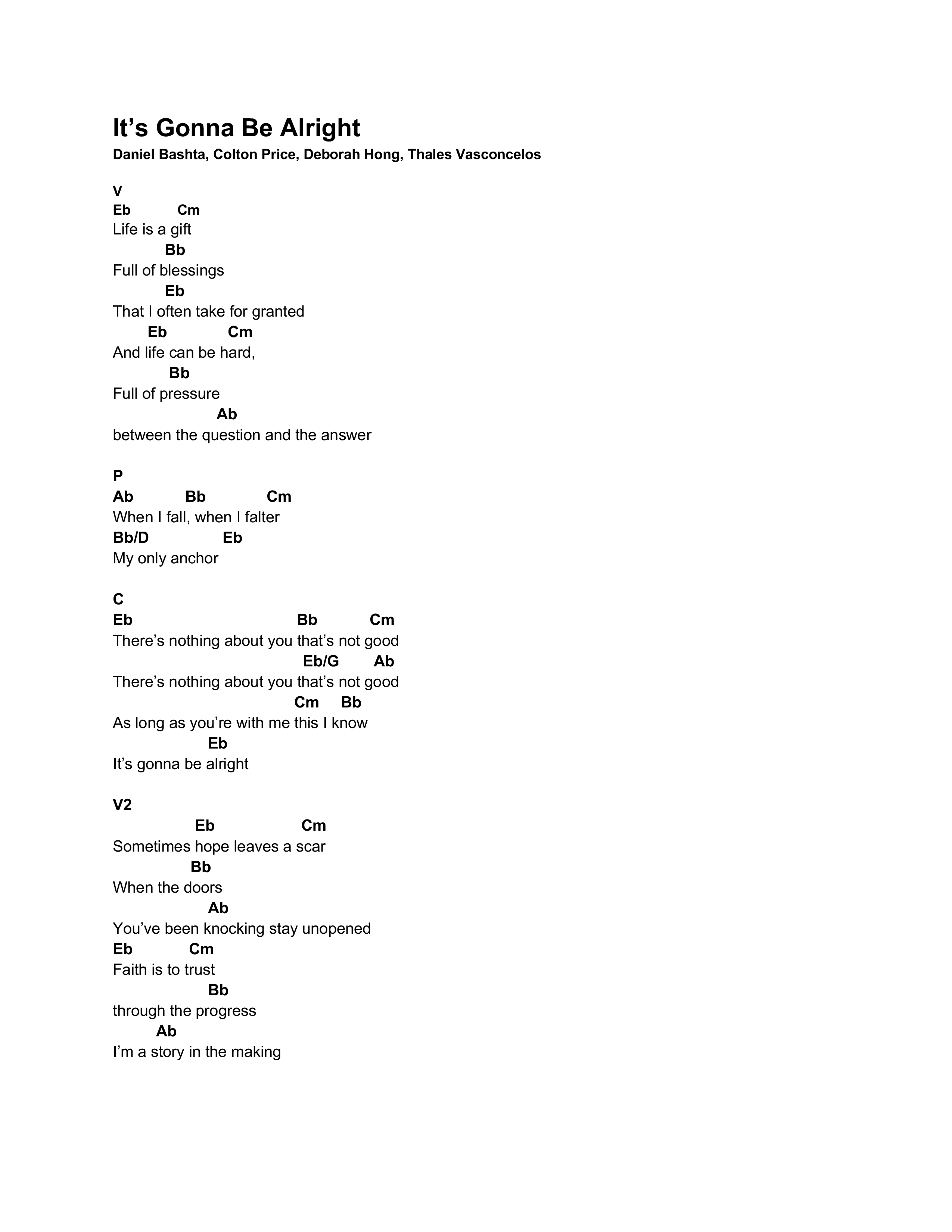 It's Gonna Be Alright Chord Chart (North Palm Worship / Deborah Hong)