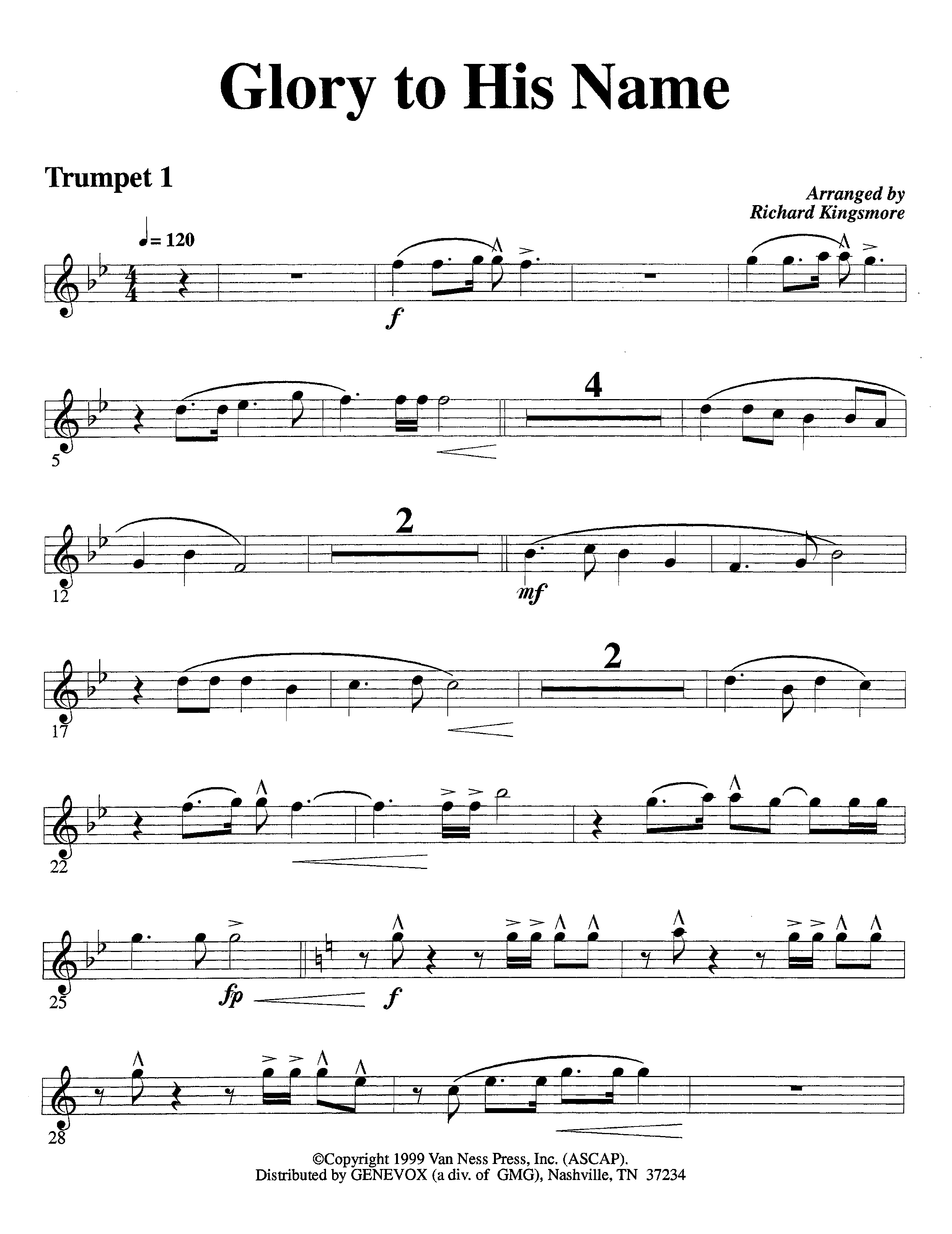 Glory To His Name (Instrumental) Trumpet 1 (Lifeway Worship / Arr. Richard Kingsmore)