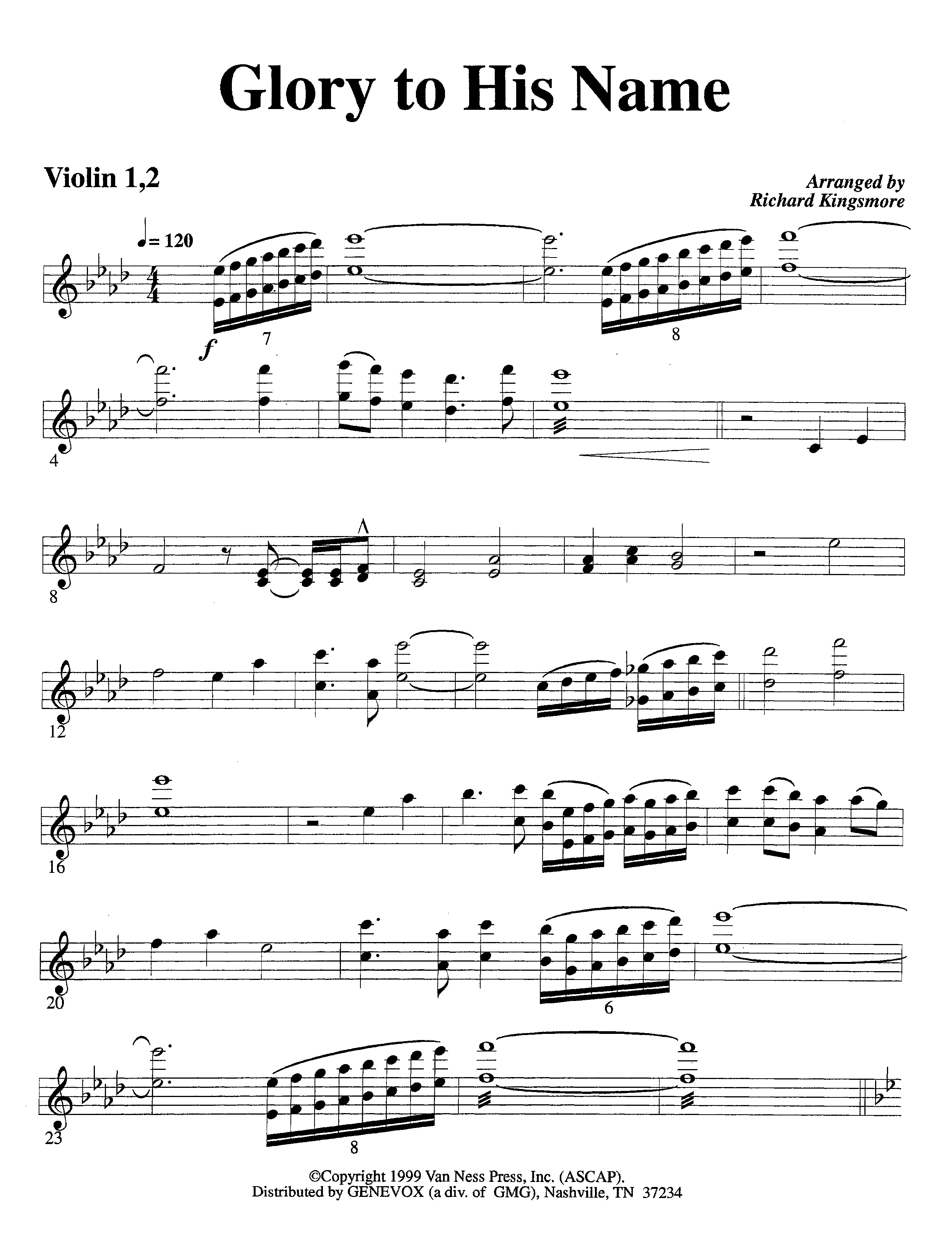 Glory To His Name (Instrumental) Violin 1/2 (Lifeway Worship / Arr. Richard Kingsmore)