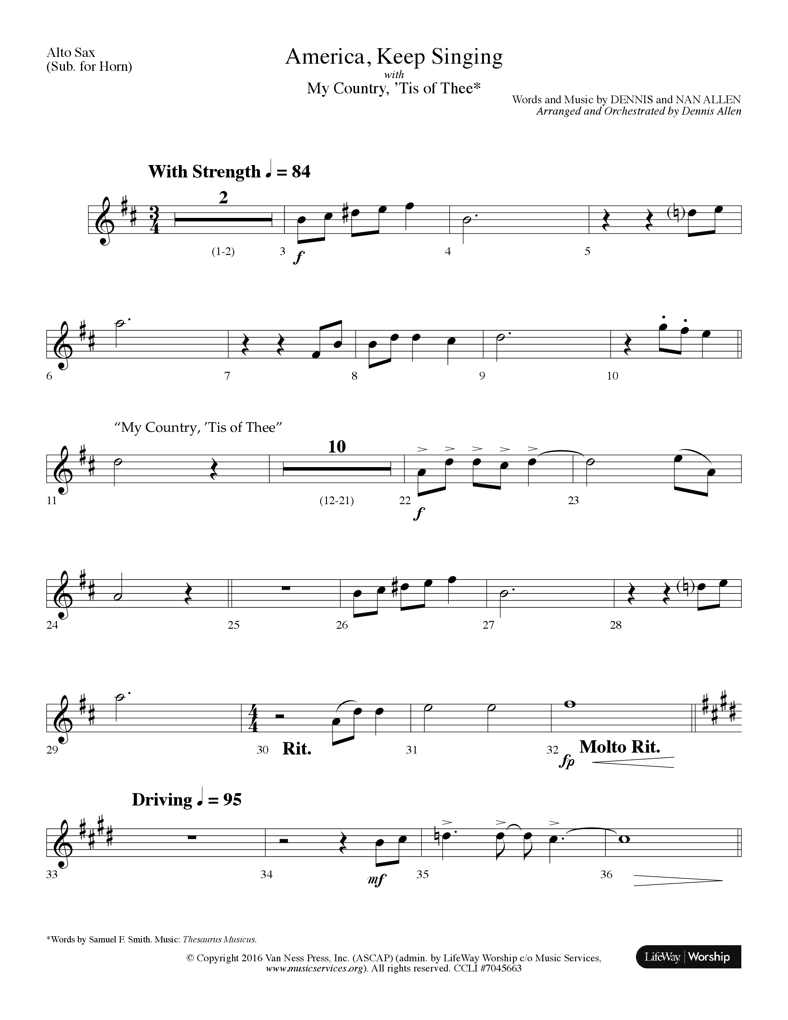 America Keep Singing (with My Country Tis Of Thee) (Choral Anthem SATB) Alto Sax (Lifeway Choral / Arr. Dennis Allen)
