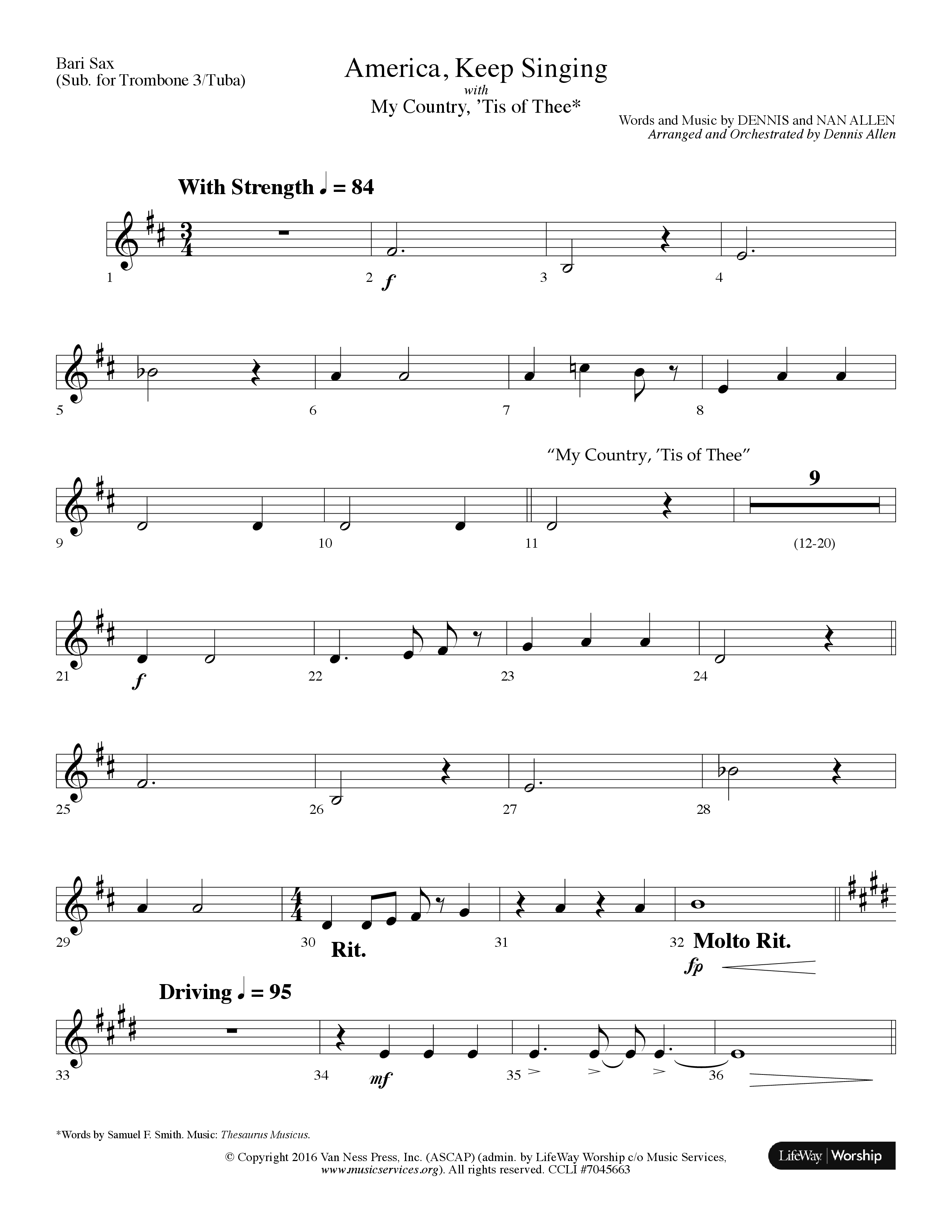 America Keep Singing (with My Country Tis Of Thee) (Choral Anthem SATB) Bari Sax (Lifeway Choral / Arr. Dennis Allen)