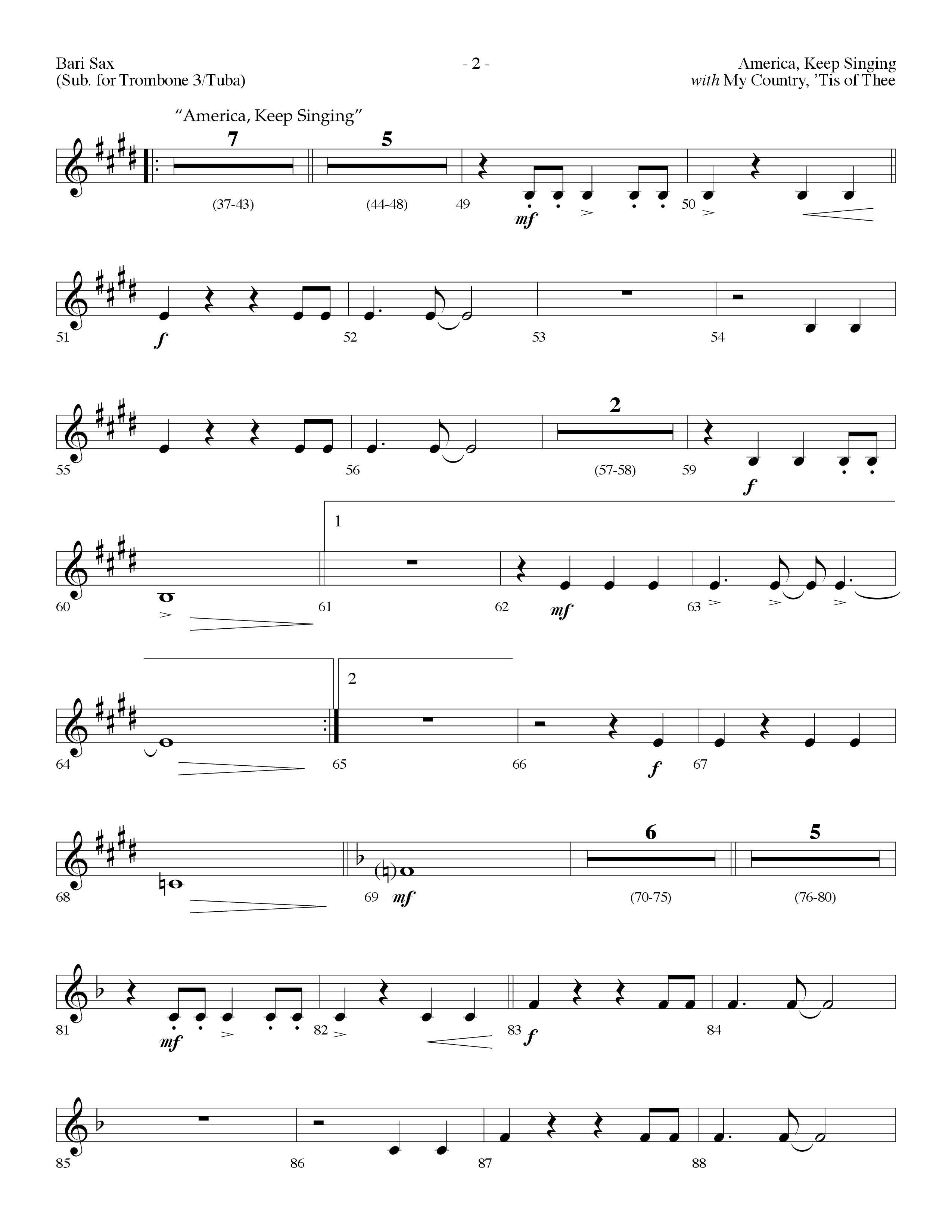 America Keep Singing (with My Country Tis Of Thee) (Choral Anthem SATB) Bari Sax (Lifeway Choral / Arr. Dennis Allen)