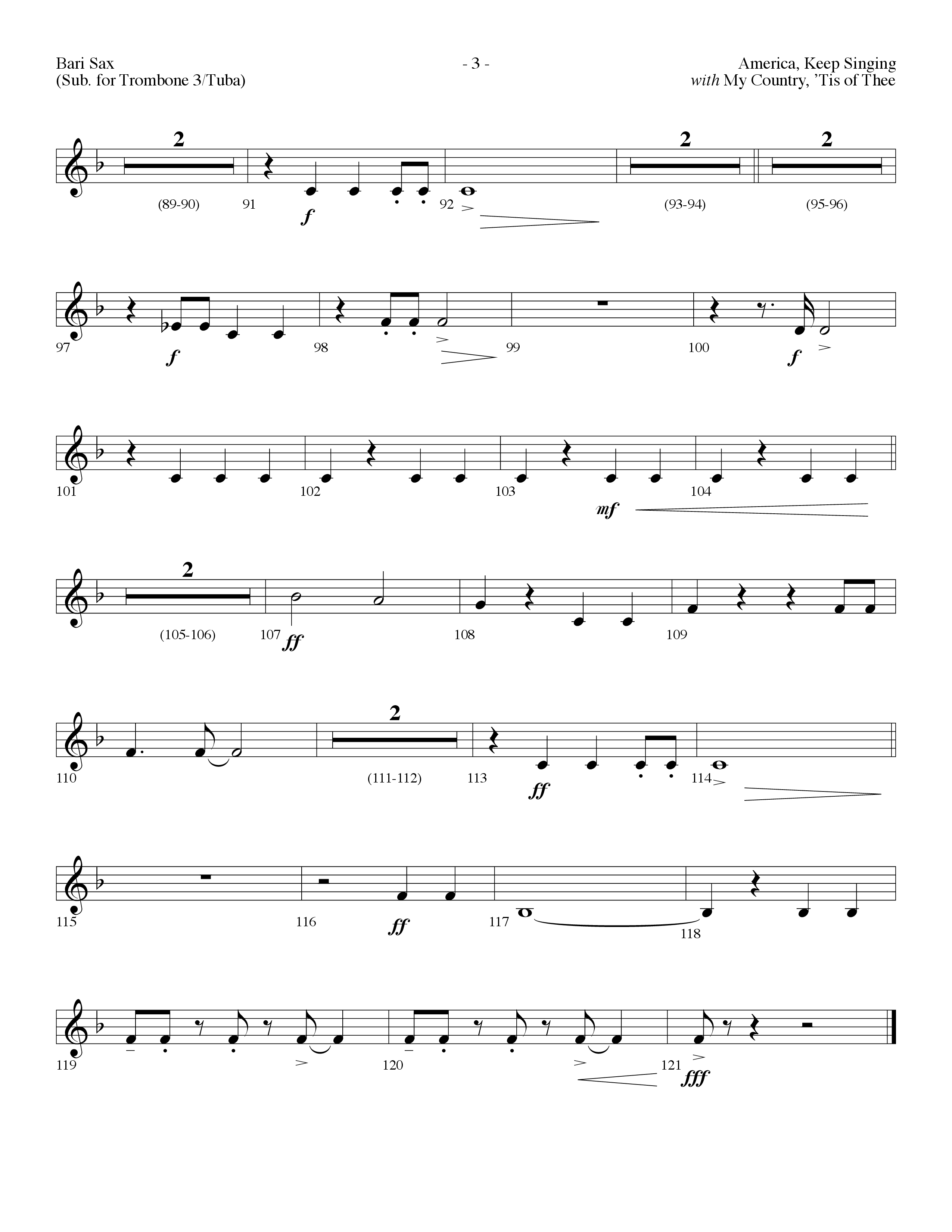 America Keep Singing (with My Country Tis Of Thee) (Choral Anthem SATB) Bari Sax (Lifeway Choral / Arr. Dennis Allen)