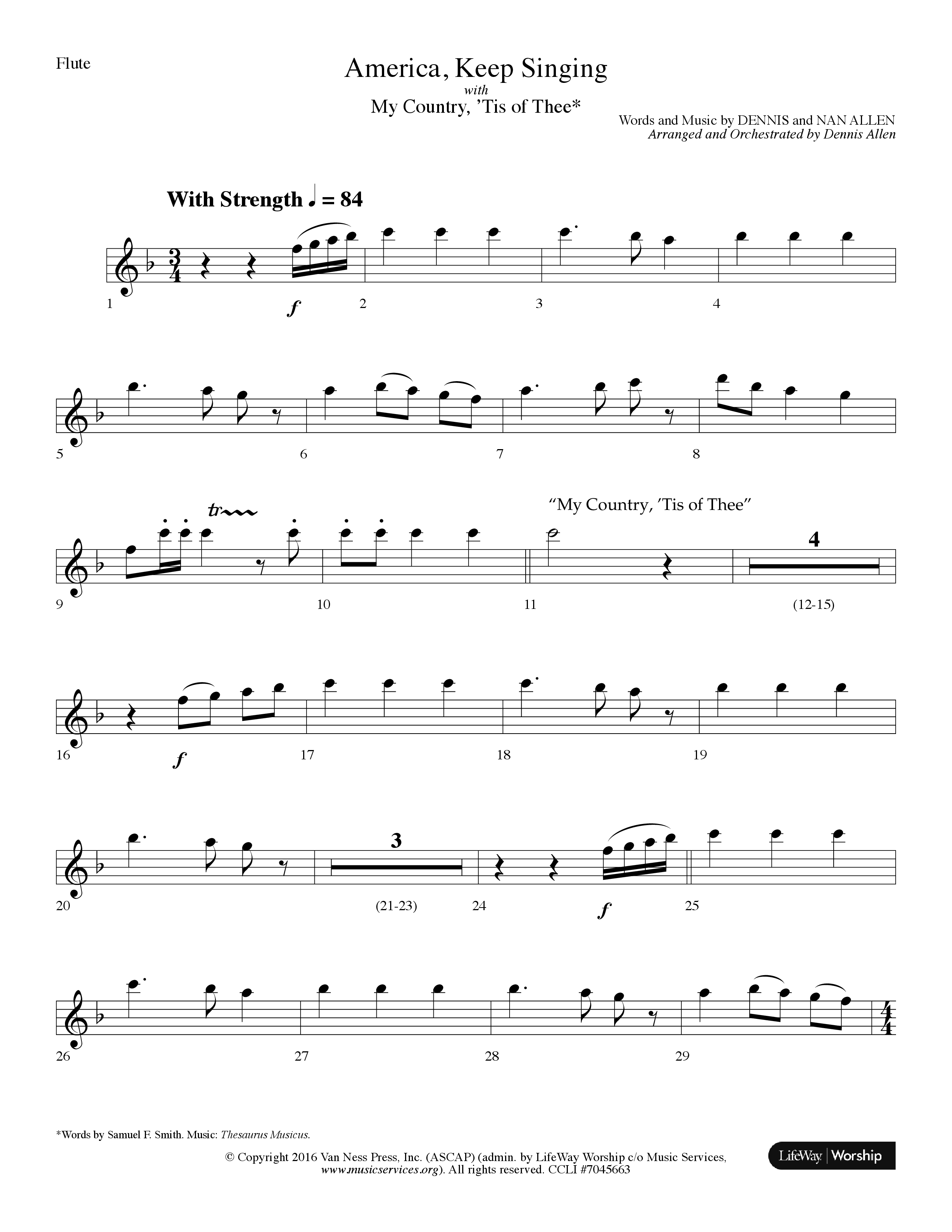 America Keep Singing (with My Country Tis Of Thee) (Choral Anthem SATB) Flute (Lifeway Choral / Arr. Dennis Allen)