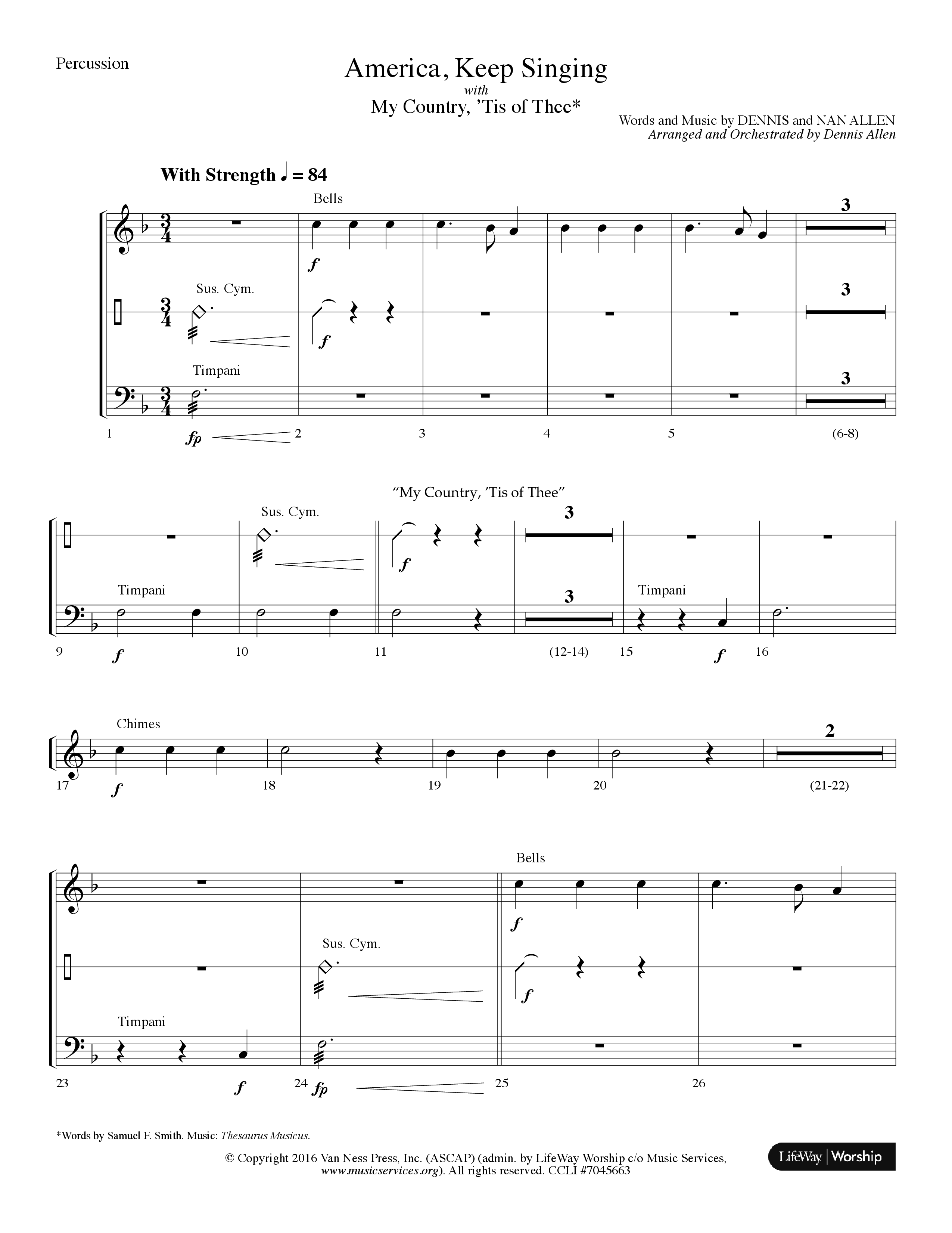America Keep Singing (with My Country Tis Of Thee) (Choral Anthem SATB) Percussion (Lifeway Choral / Arr. Dennis Allen)