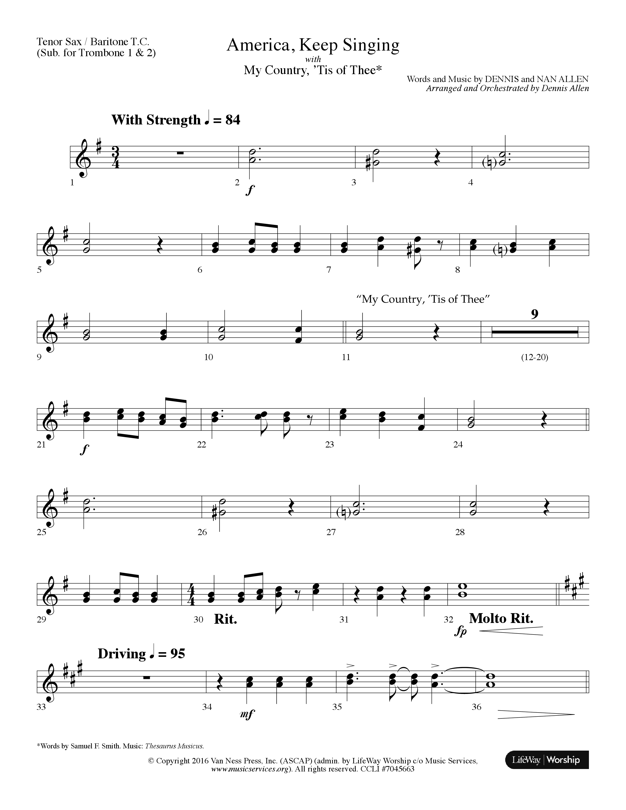 America Keep Singing (with My Country Tis Of Thee) (Choral Anthem SATB) Tenor Sax/Baritone T.C. (Lifeway Choral / Arr. Dennis Allen)