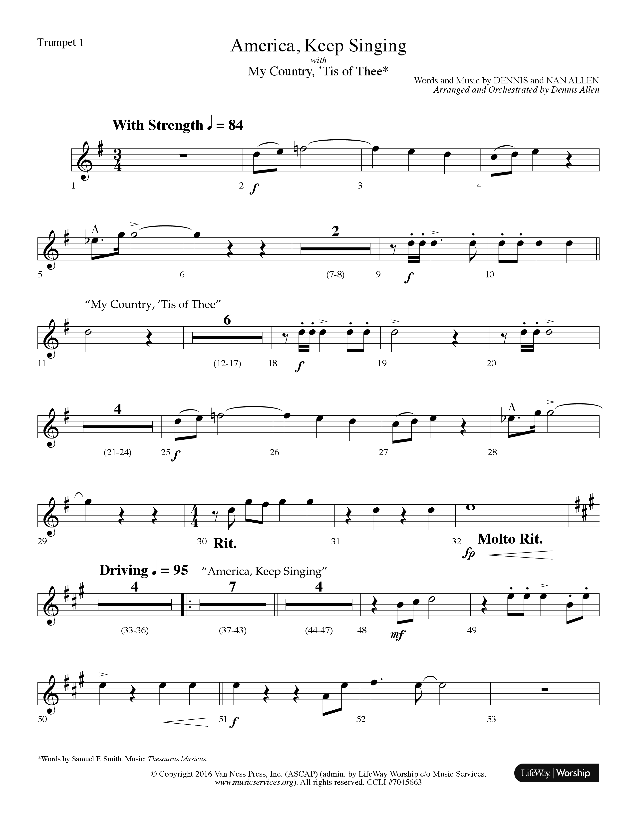 America Keep Singing (with My Country Tis Of Thee) (Choral Anthem SATB) Trumpet 1 (Lifeway Choral / Arr. Dennis Allen)
