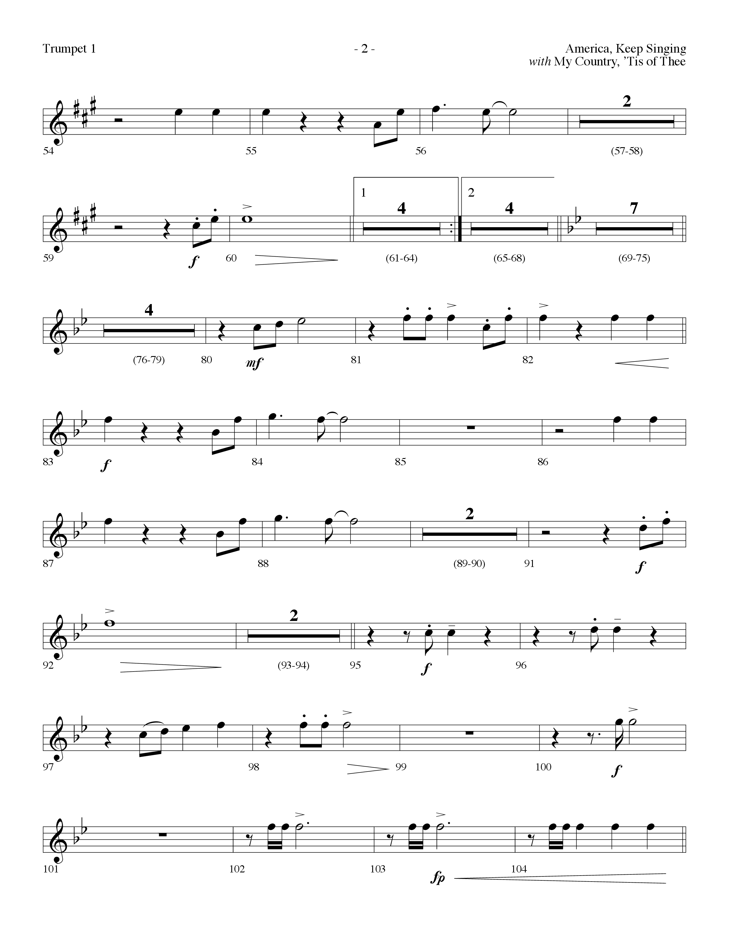 America Keep Singing (with My Country Tis Of Thee) (Choral Anthem SATB) Trumpet 1 (Lifeway Choral / Arr. Dennis Allen)