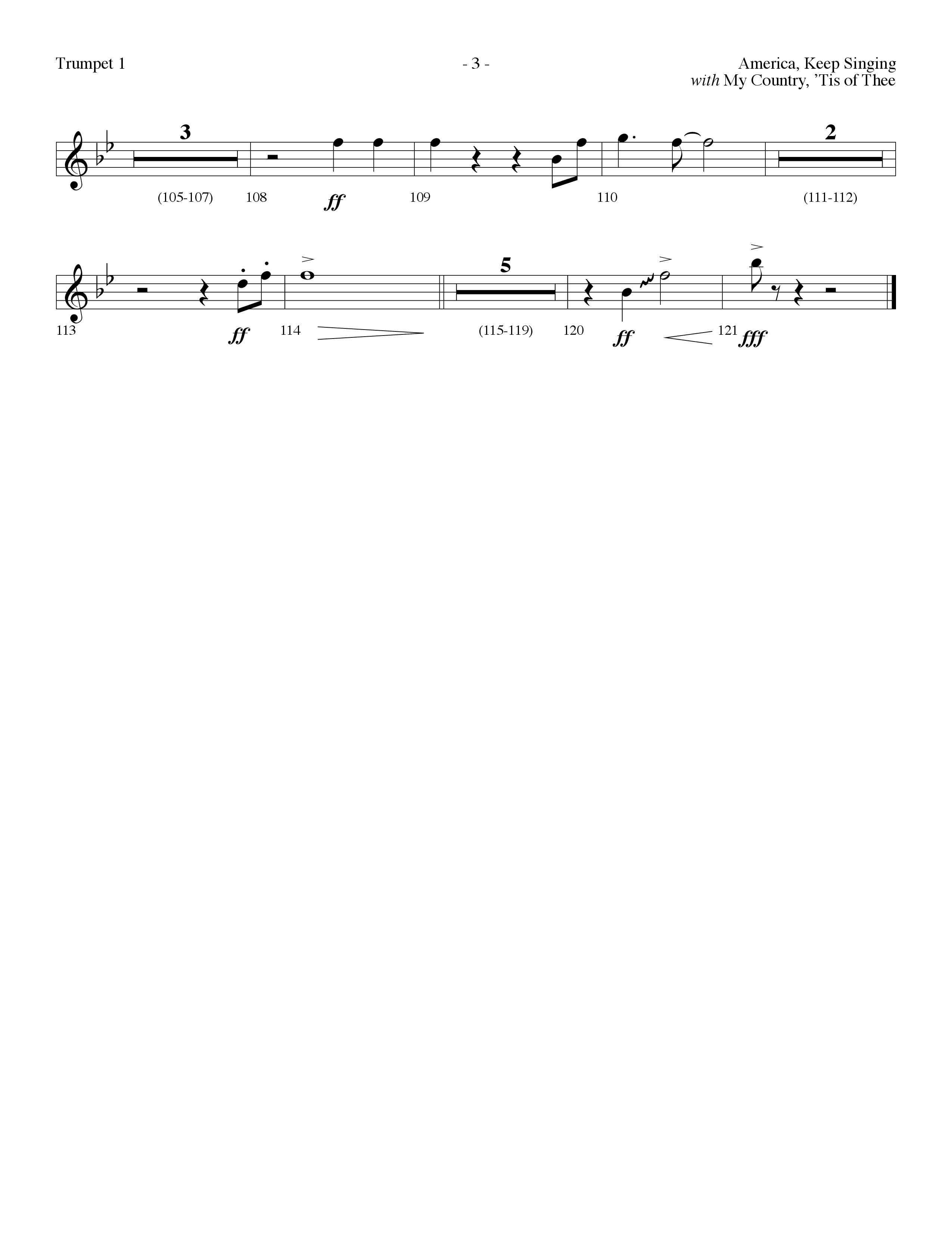 America Keep Singing (with My Country Tis Of Thee) (Choral Anthem SATB) Trumpet 1 (Lifeway Choral / Arr. Dennis Allen)