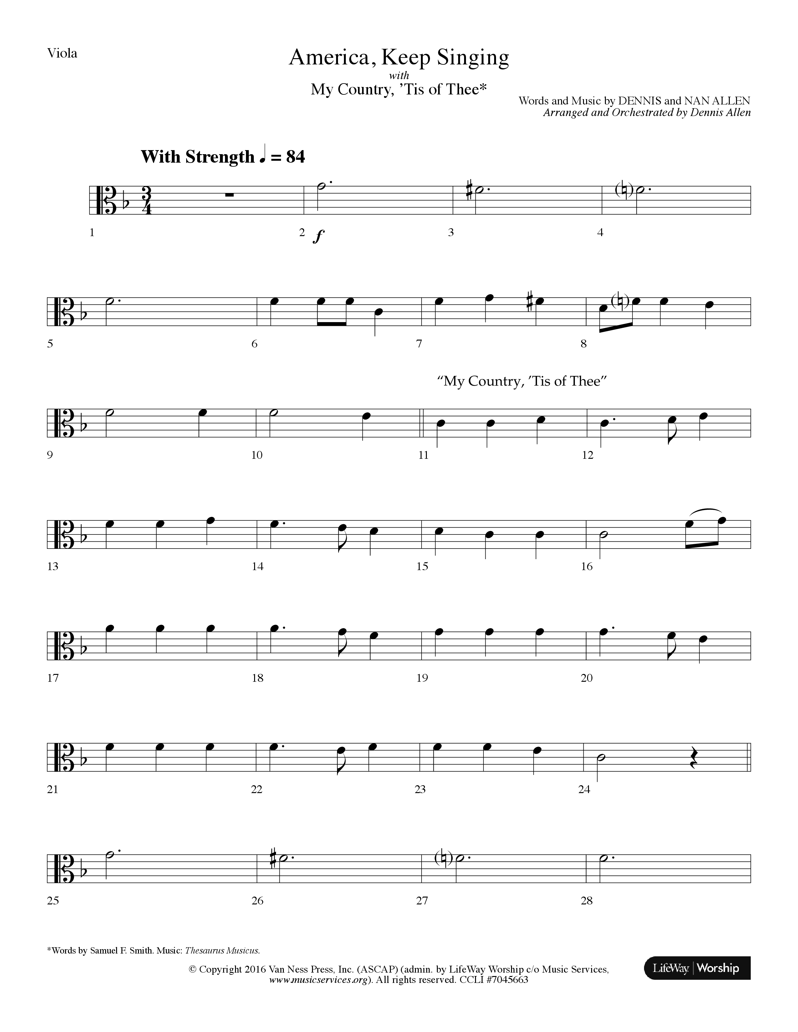 America Keep Singing (with My Country Tis Of Thee) (Choral Anthem SATB) Viola (Lifeway Choral / Arr. Dennis Allen)