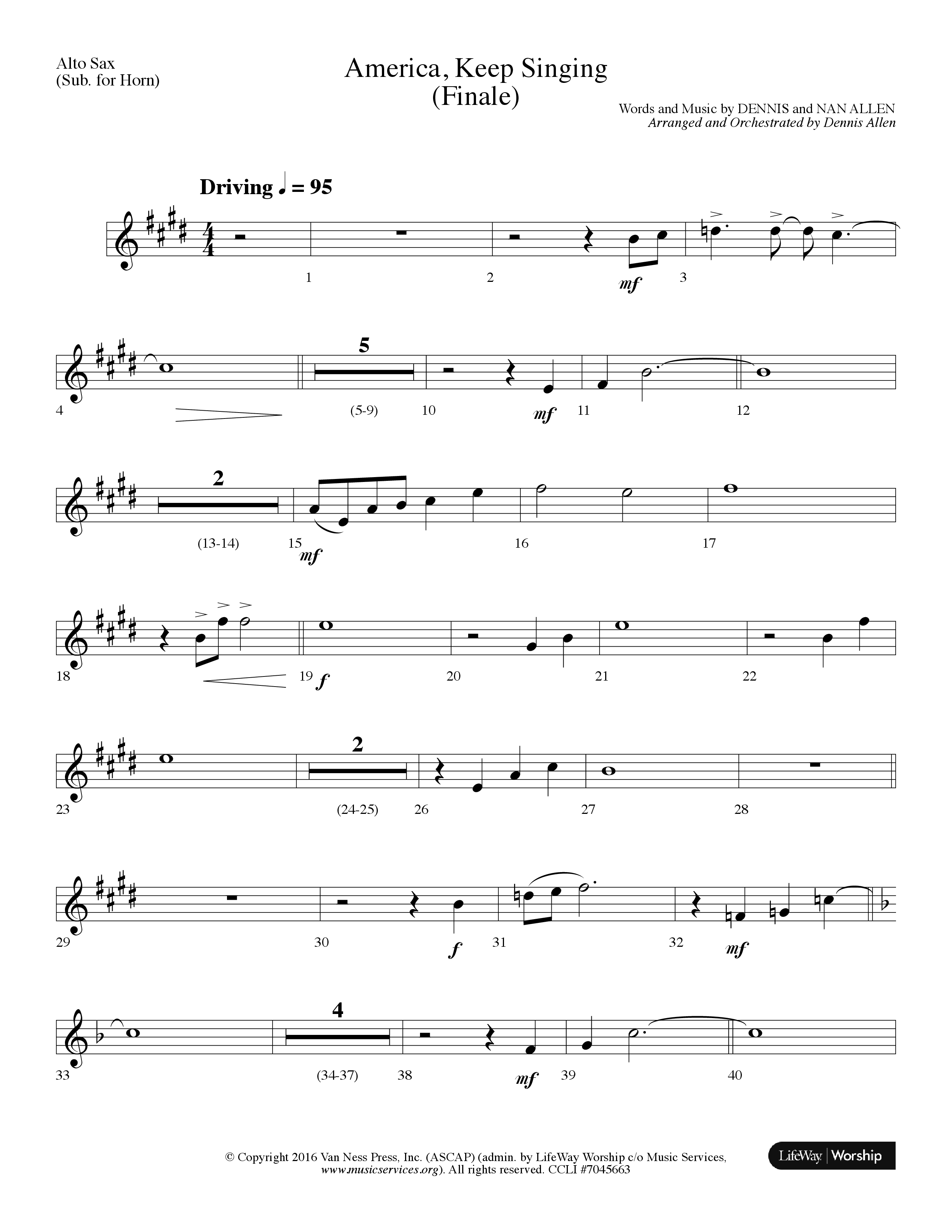 America Keep Singing (Finale) (Choral Anthem SATB) Alto Sax (Lifeway Choral / Arr. Dennis Allen)