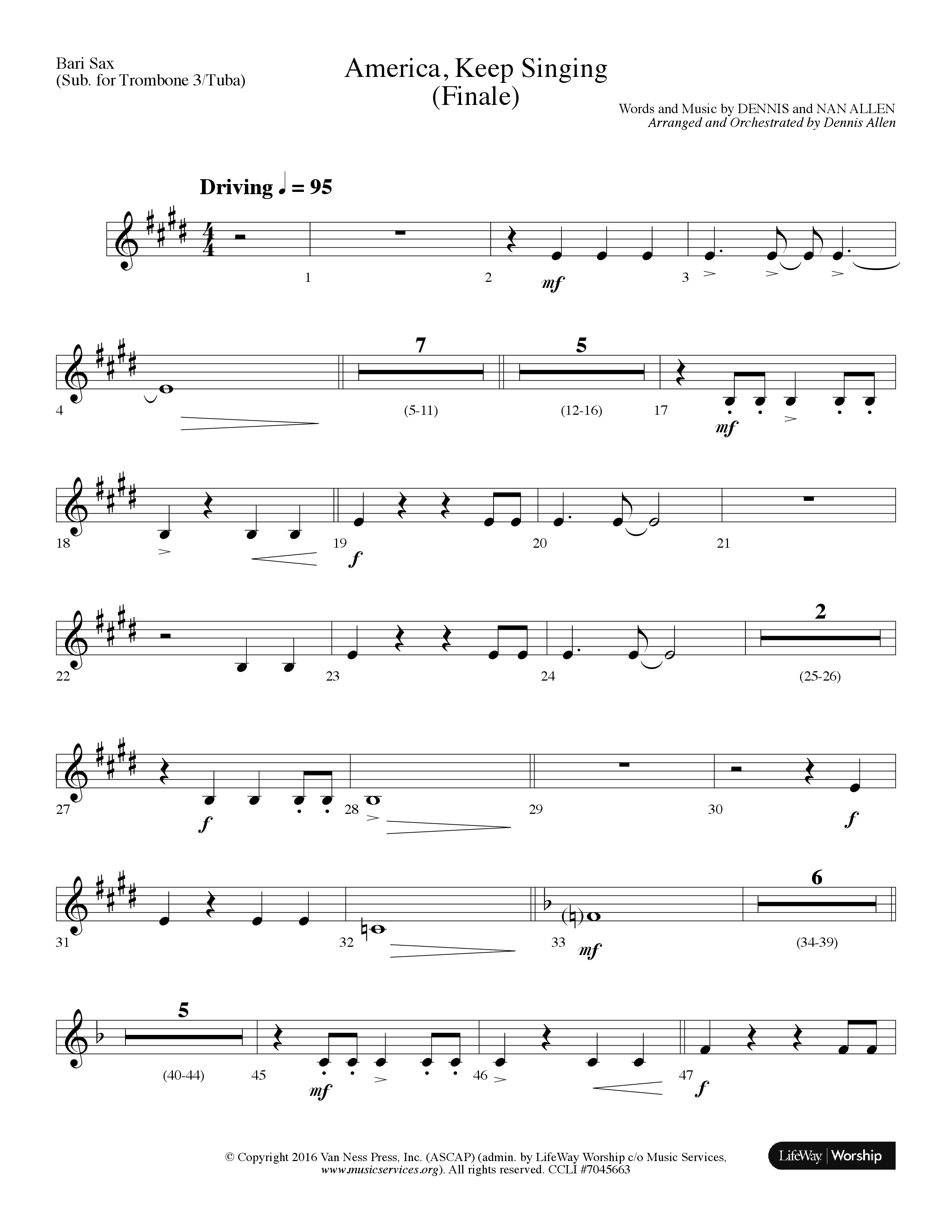 America Keep Singing (Finale) (Choral Anthem SATB) Bari Sax (Lifeway Choral / Arr. Dennis Allen)