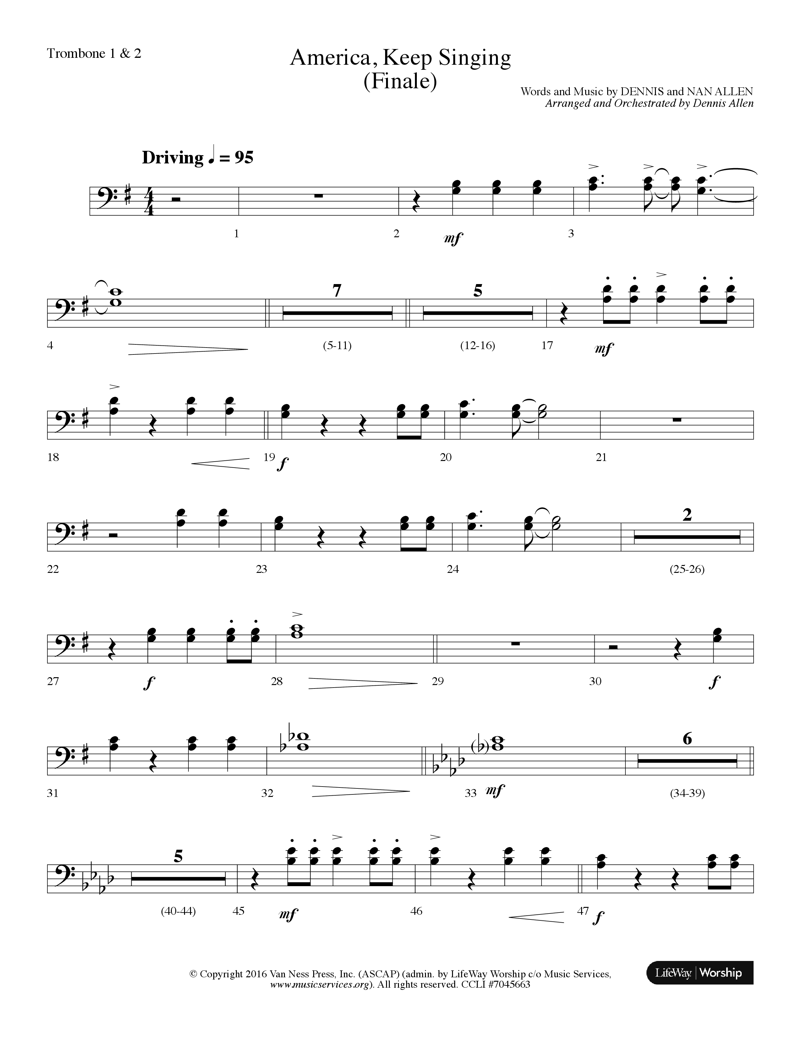 America Keep Singing (Finale) (Choral Anthem SATB) Trombone 1/2 (Lifeway Choral / Arr. Dennis Allen)