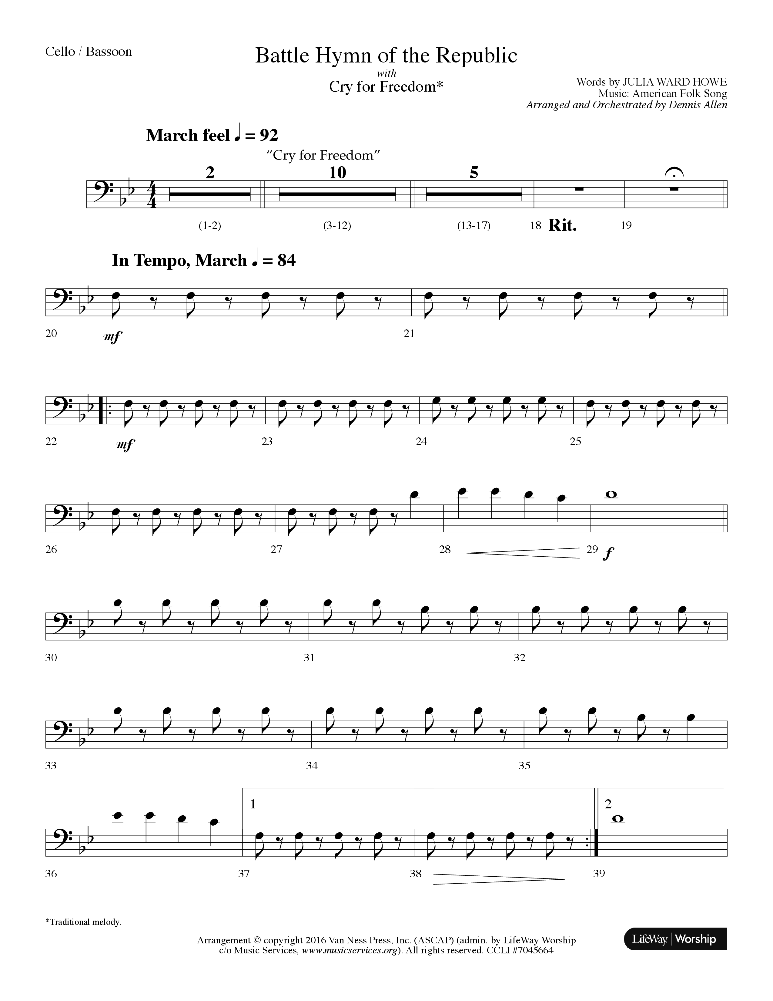 Battle Hymn Of The Republic (with Cry For Freedom) (Choral Anthem SATB) Cello (Lifeway Choral / Arr. Dennis Allen)
