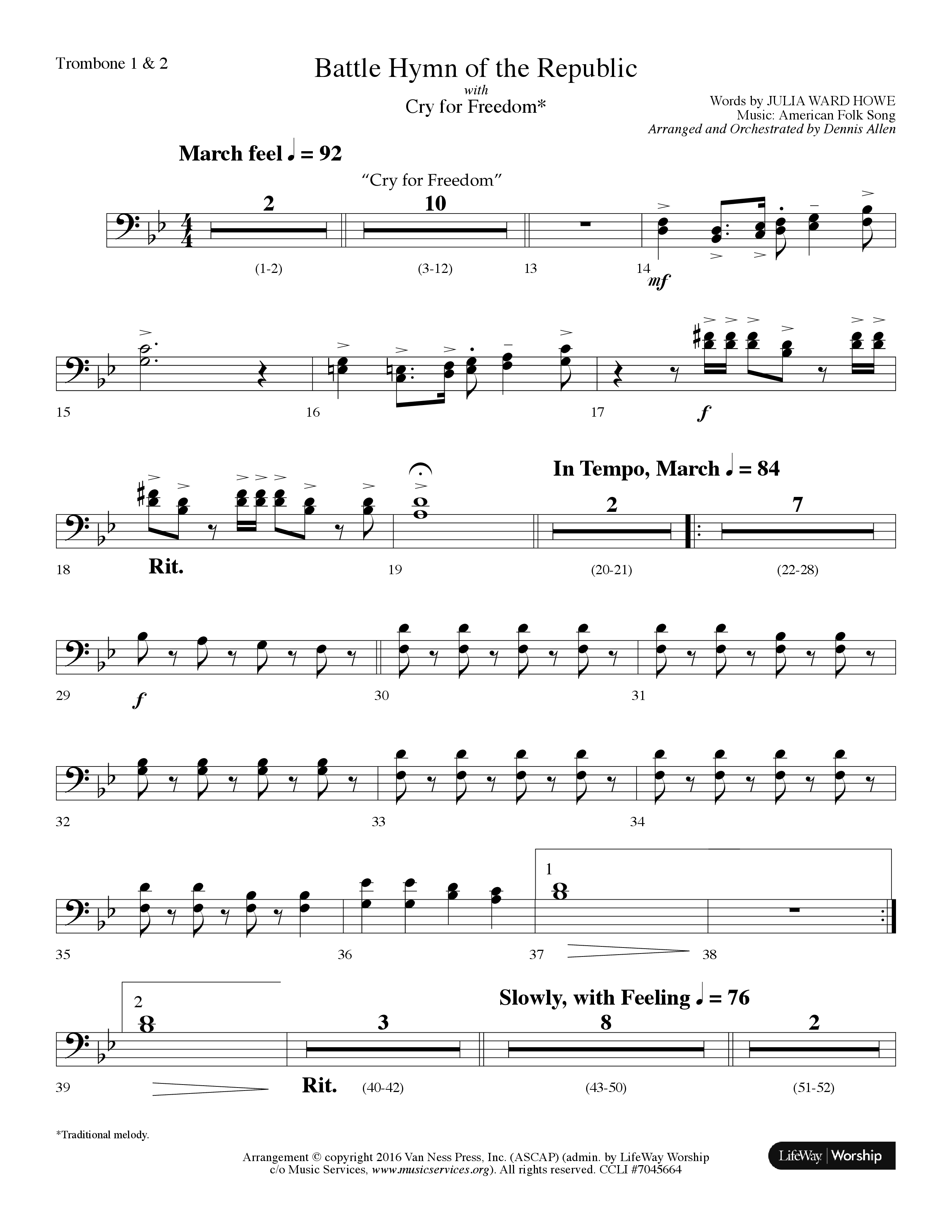 Battle Hymn Of The Republic (with Cry For Freedom) (Choral Anthem SATB) Trombone 1/2 (Lifeway Choral / Arr. Dennis Allen)