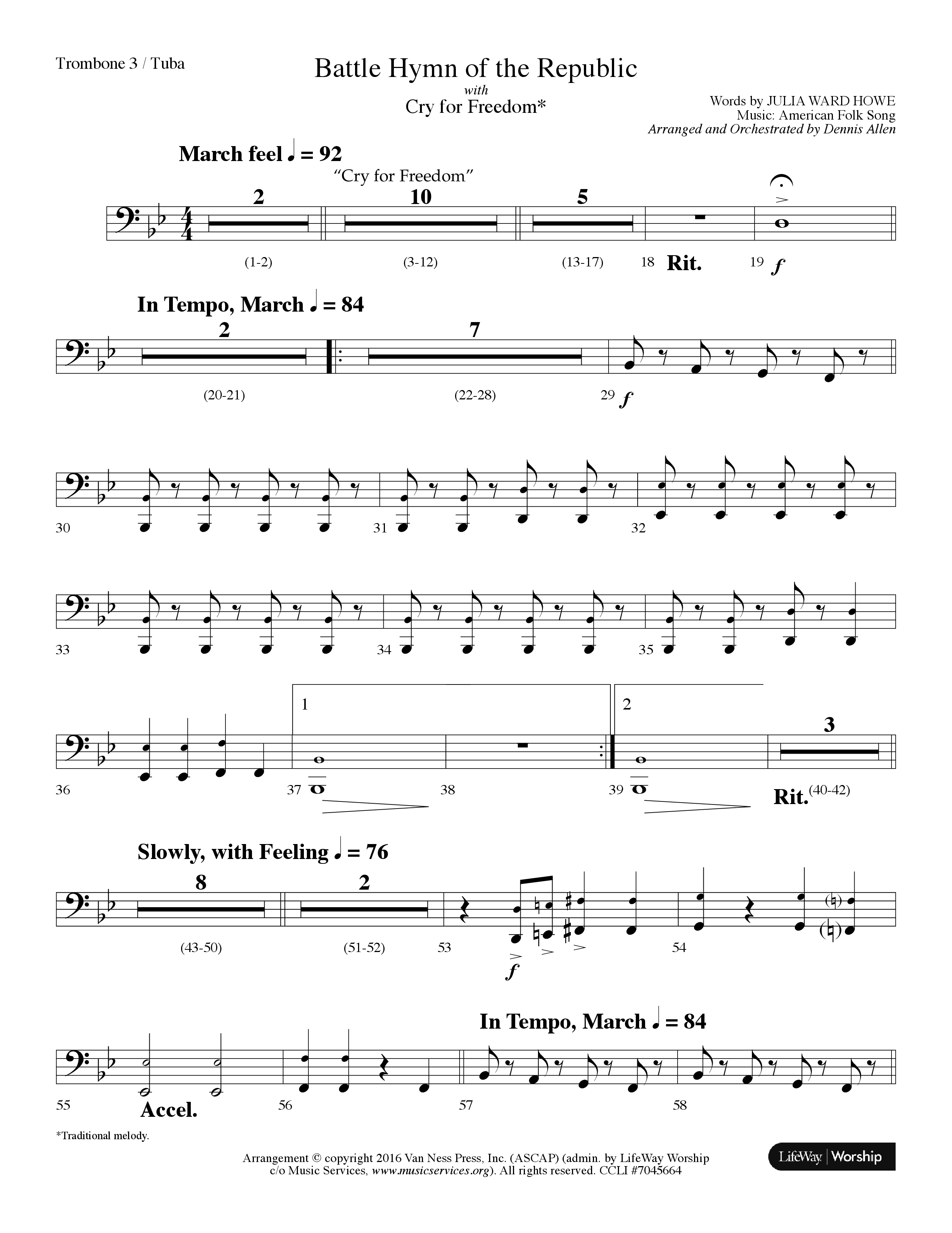 Battle Hymn Of The Republic (with Cry For Freedom) (Choral Anthem SATB) Trombone 3/Tuba (Lifeway Choral / Arr. Dennis Allen)