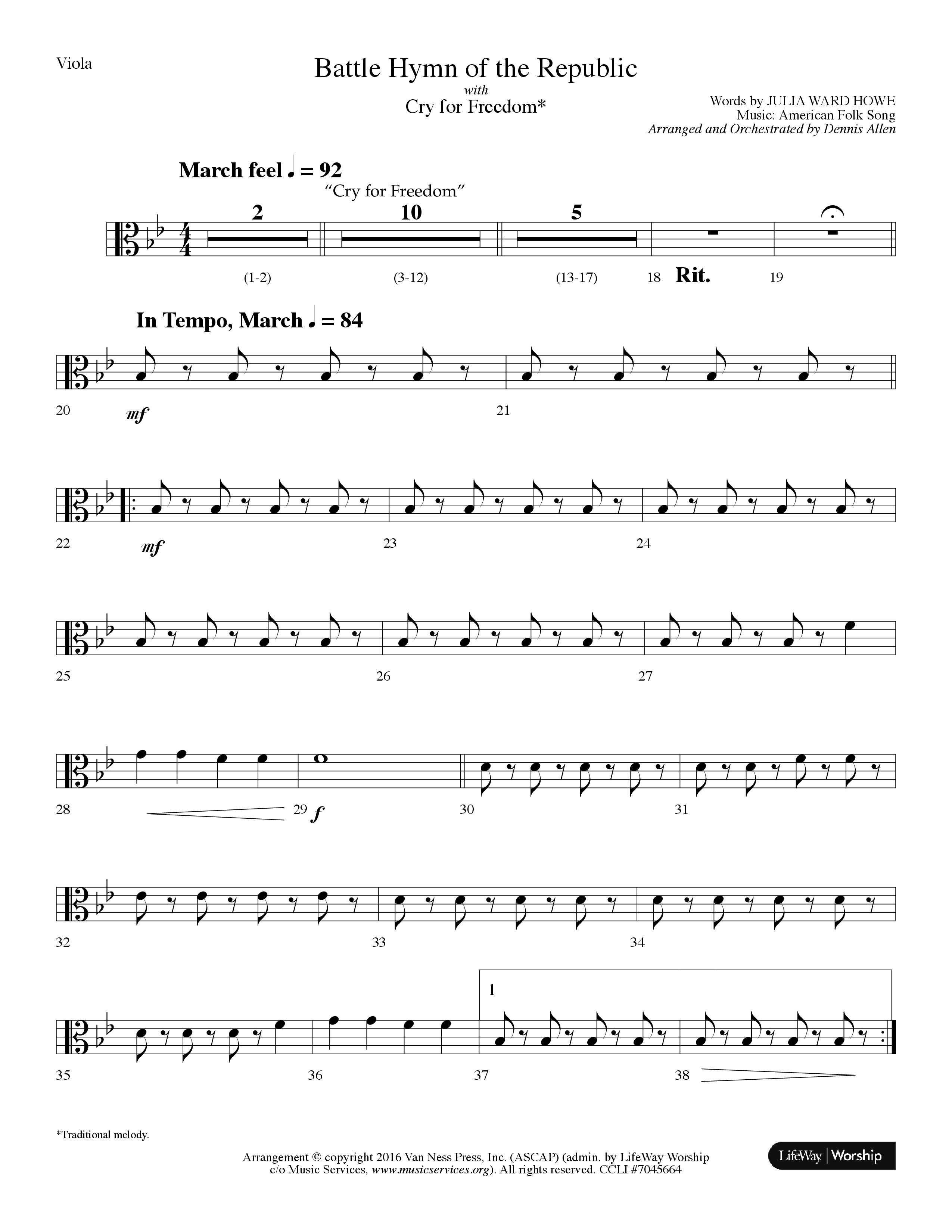 Battle Hymn Of The Republic (with Cry For Freedom) (Choral Anthem SATB) Viola (Lifeway Choral / Arr. Dennis Allen)