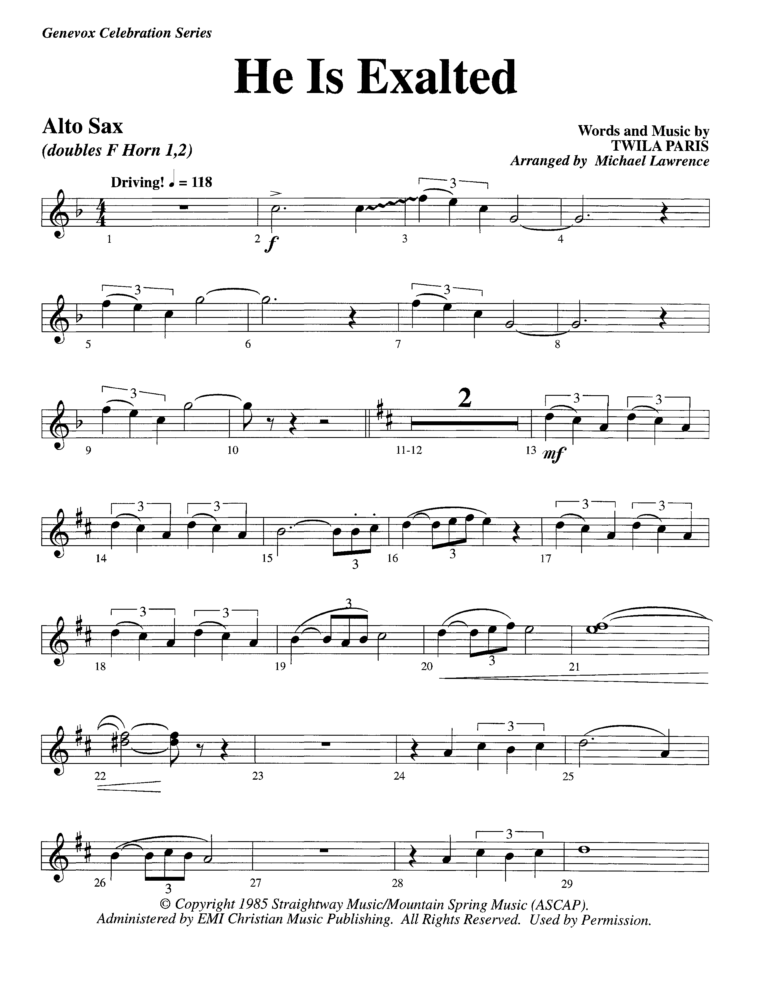 He Is Exalted (Instrumental) Alto Sax (Lifeway Worship / Arr. Michael Lawrence)