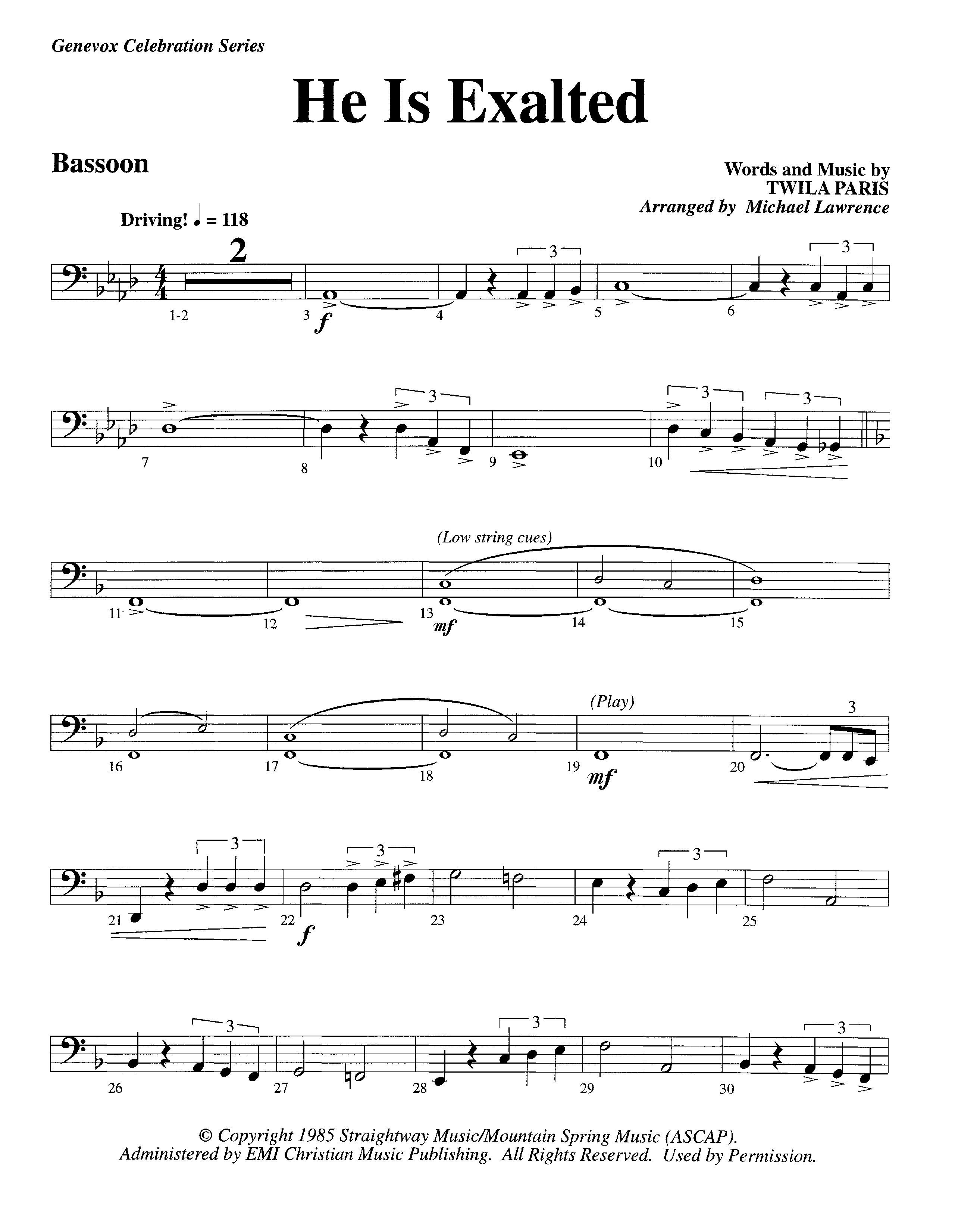 He Is Exalted (Instrumental) Bassoon (Lifeway Worship / Arr. Michael Lawrence)