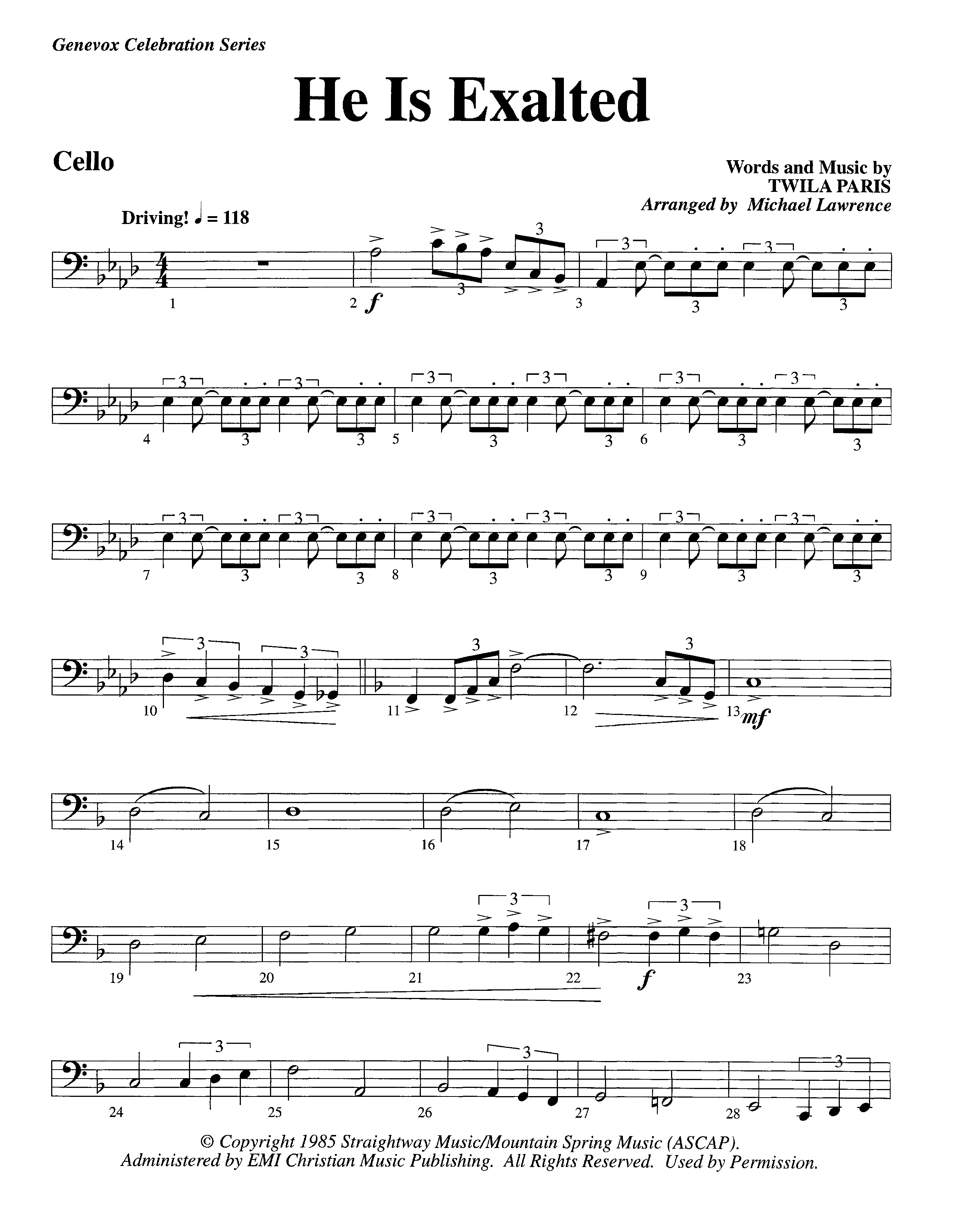 He Is Exalted (Instrumental) Cello (Lifeway Worship / Arr. Michael Lawrence)