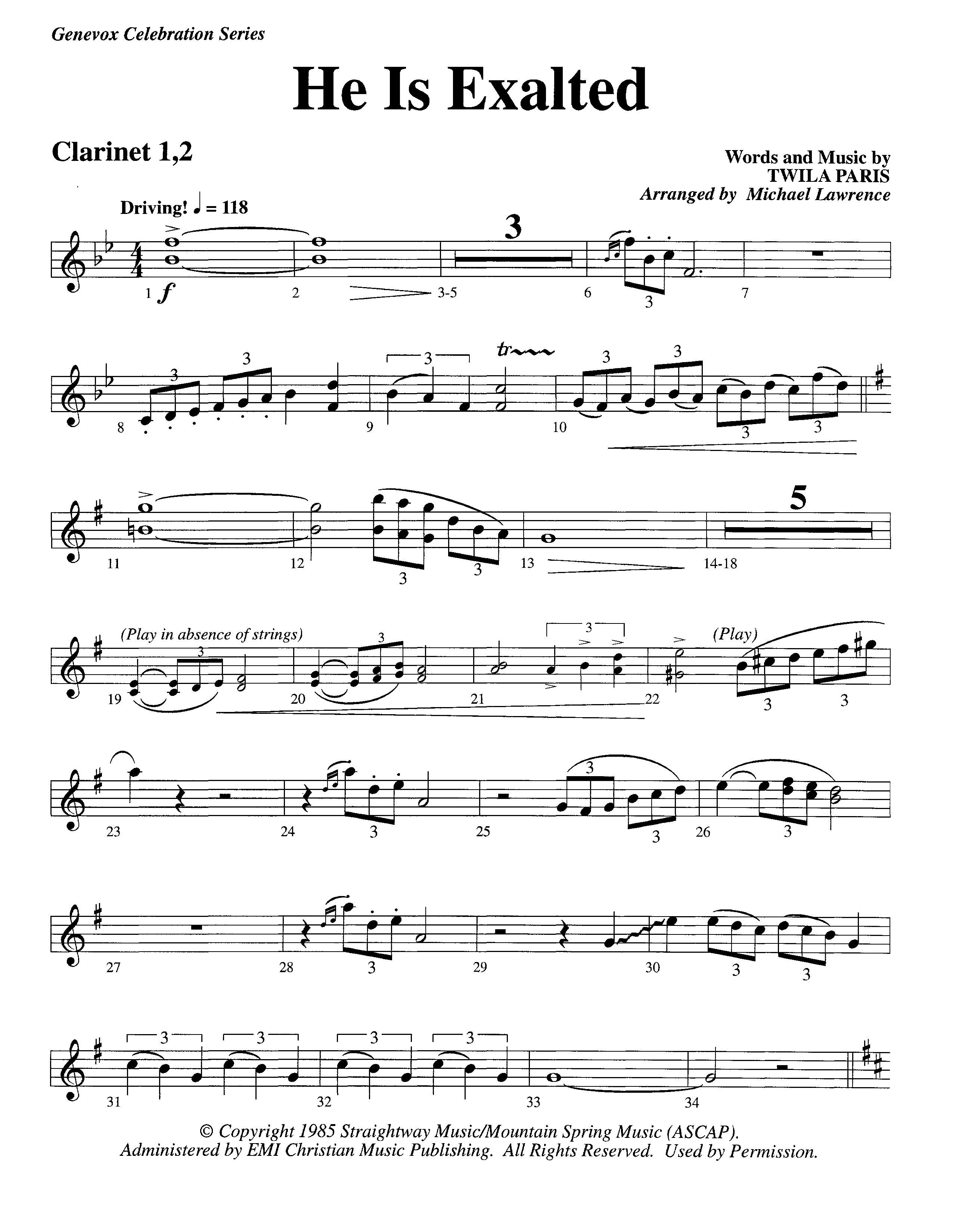 He Is Exalted (Instrumental) Clarinet 1/2 (Lifeway Worship / Arr. Michael Lawrence)