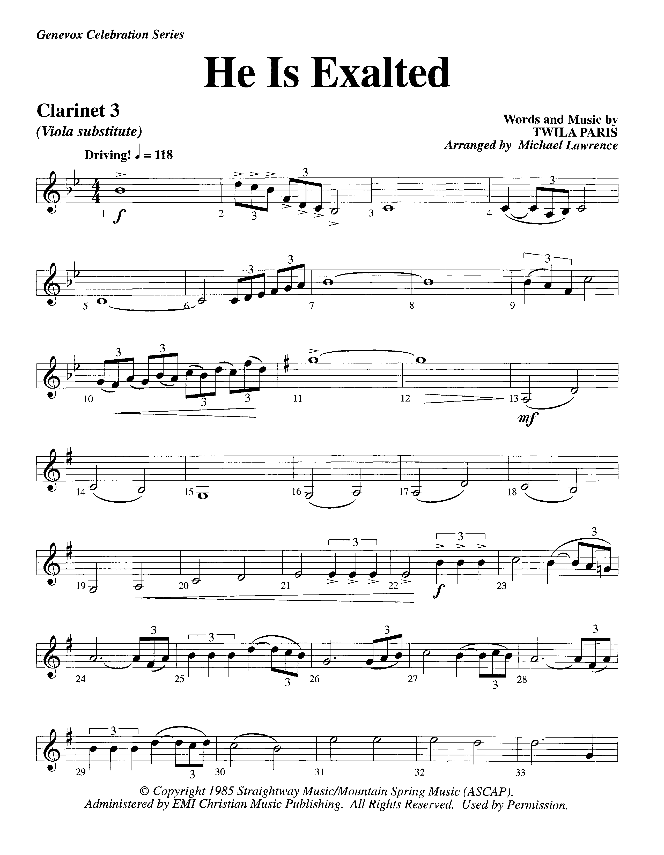 He Is Exalted (Instrumental) Clarinet 3 (Lifeway Worship / Arr. Michael Lawrence)