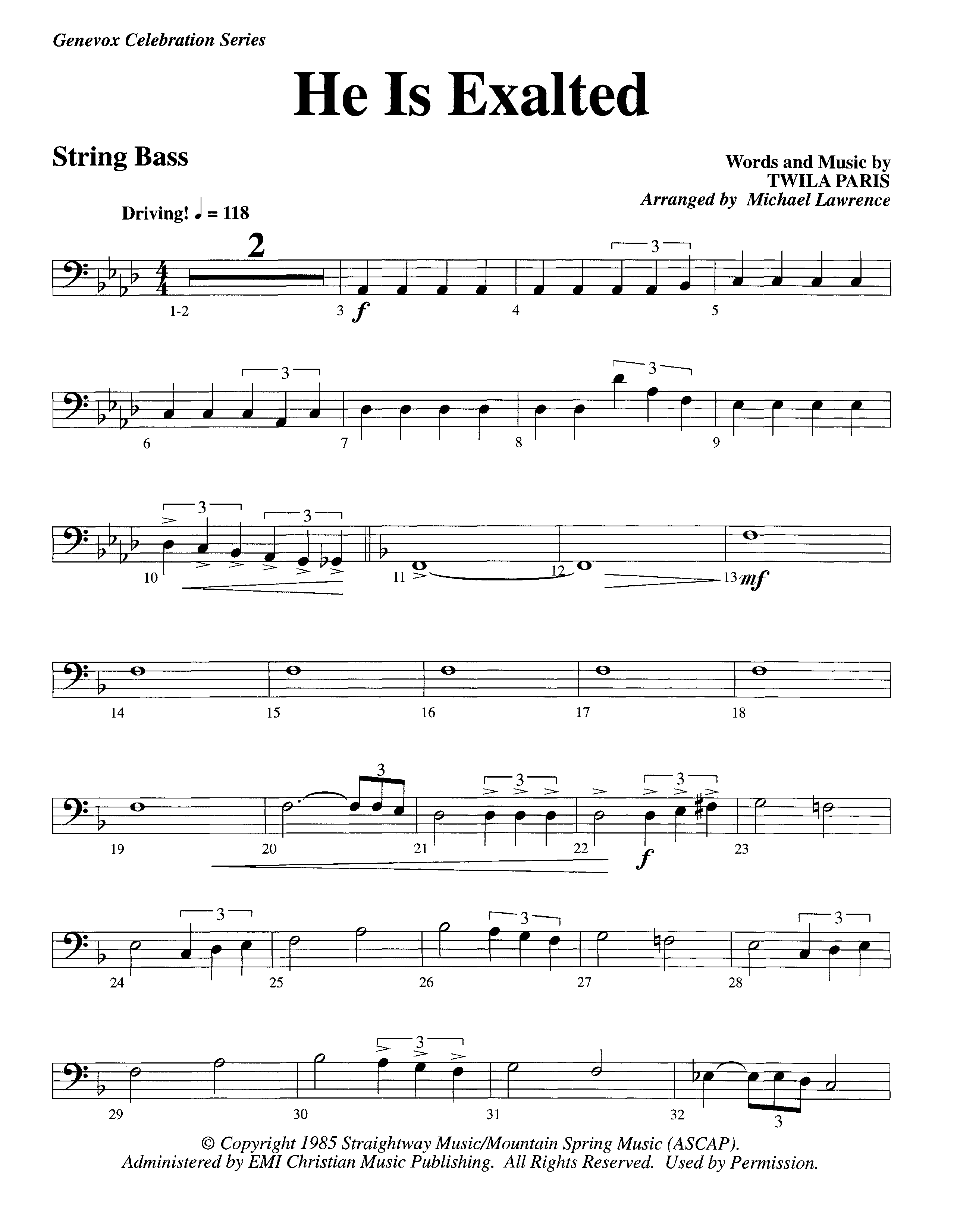 He Is Exalted (Instrumental) Double Bass (Lifeway Worship / Arr. Michael Lawrence)