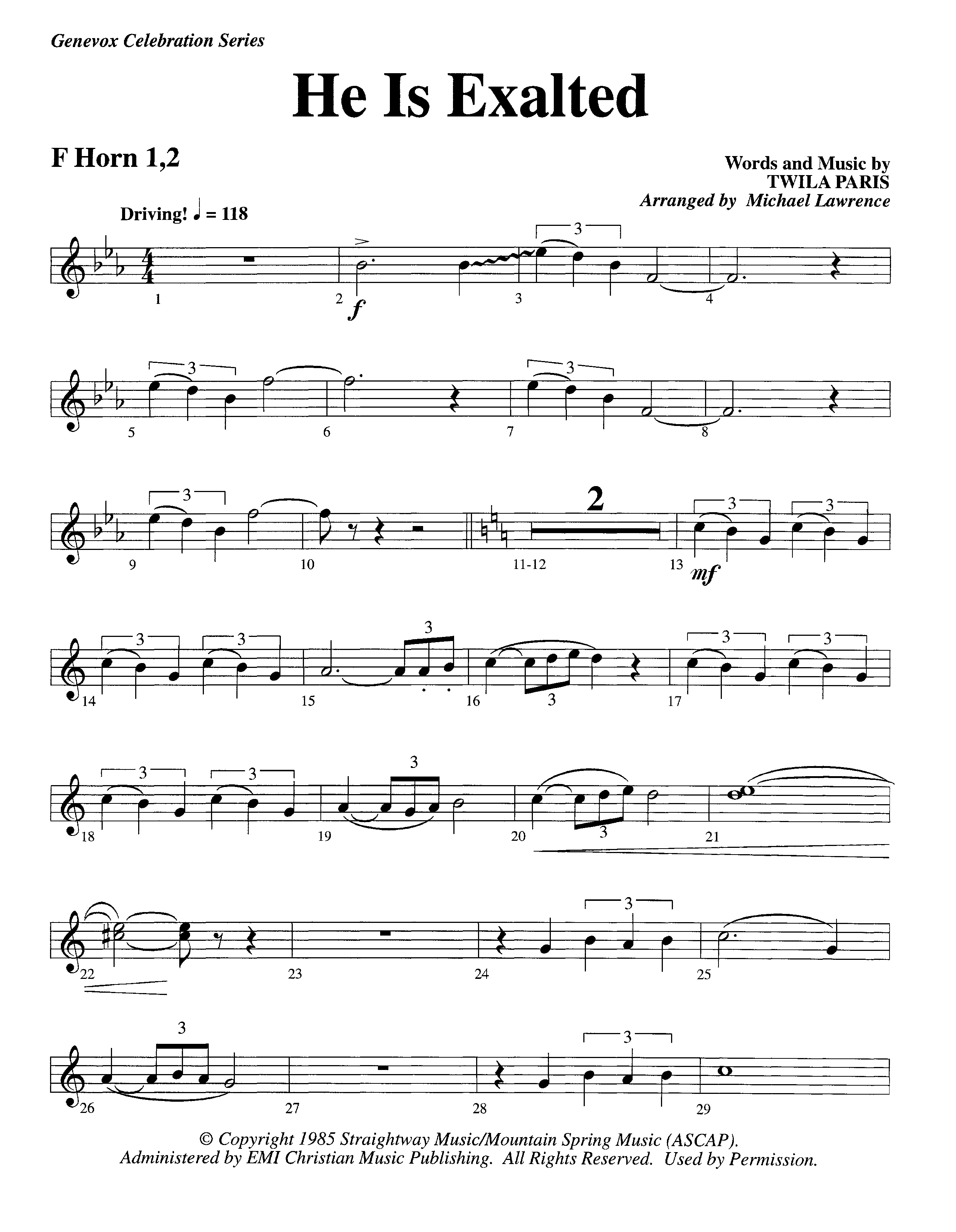 He Is Exalted (Instrumental) French Horn 1/2 (Lifeway Worship / Arr. Michael Lawrence)