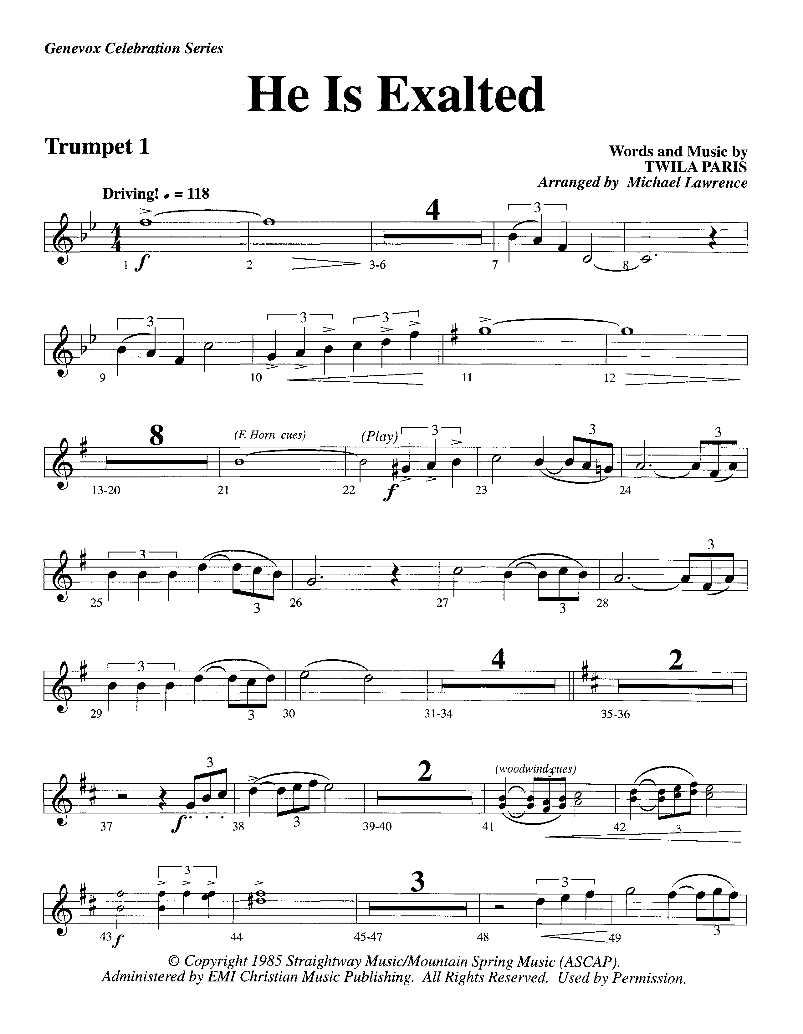 He Is Exalted (Instrumental) Trumpet 1 (Lifeway Worship / Arr. Michael Lawrence)