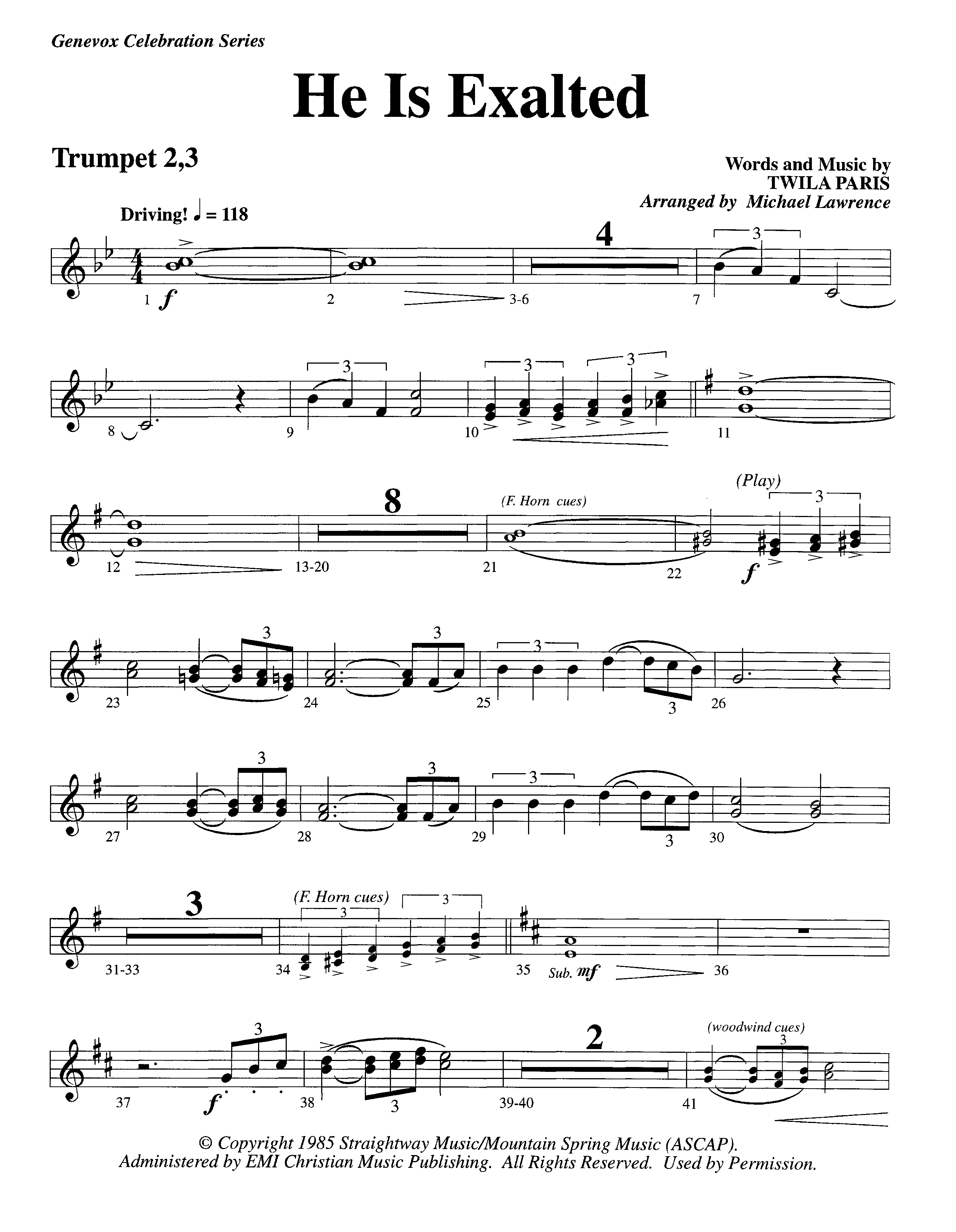 He Is Exalted (Instrumental) Trumpet 2/3 (Lifeway Worship / Arr. Michael Lawrence)