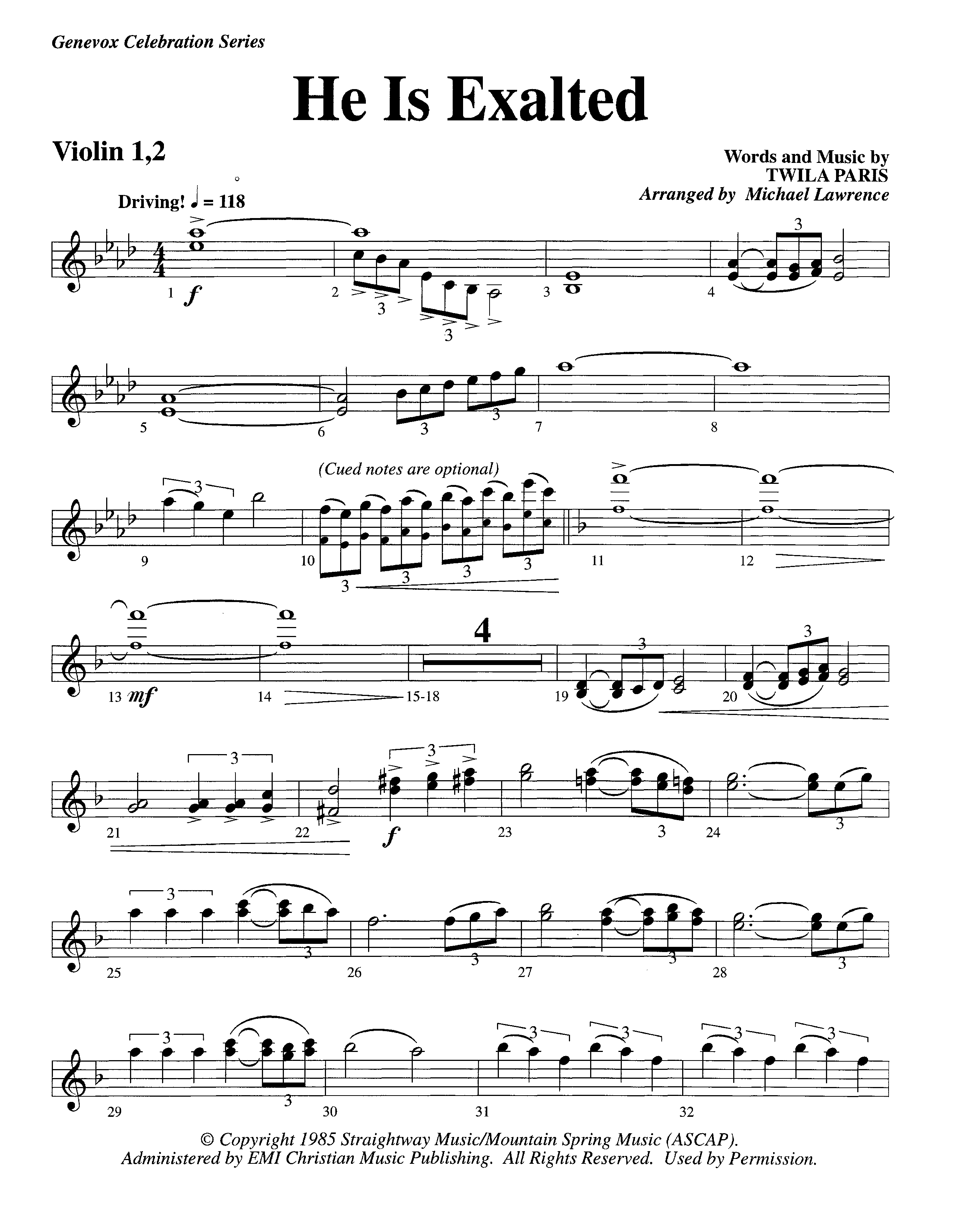 He Is Exalted (Instrumental) Violin 1/2 (Lifeway Worship / Arr. Michael Lawrence)