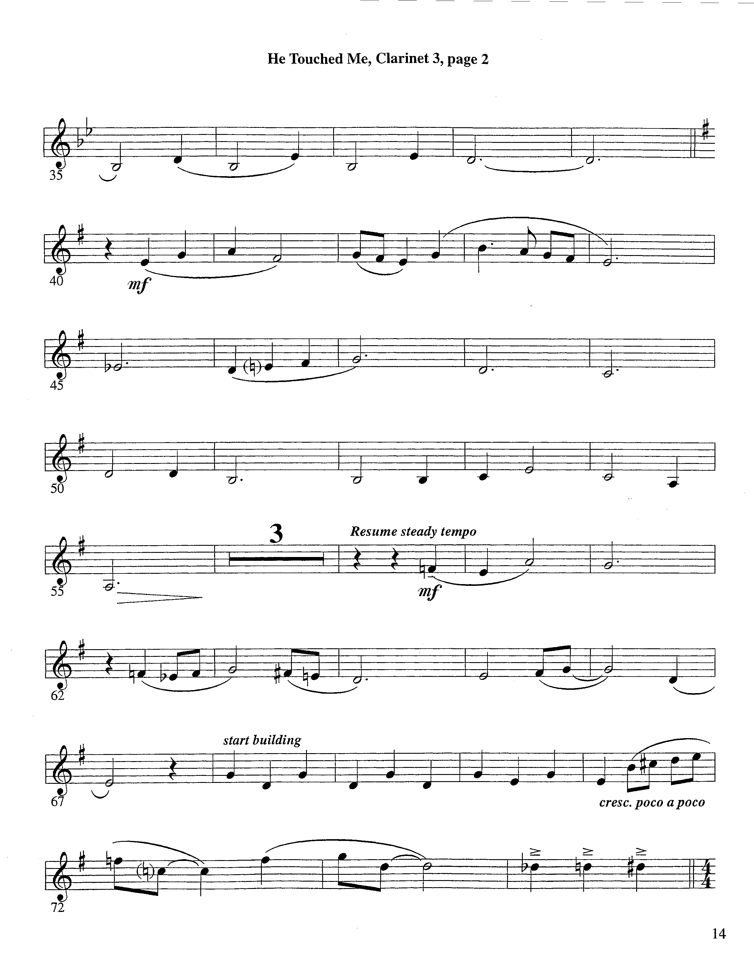 He Touched Me (Instrumental) Clarinet 3 (Lifeway Worship / Arr. Steve Dunn)