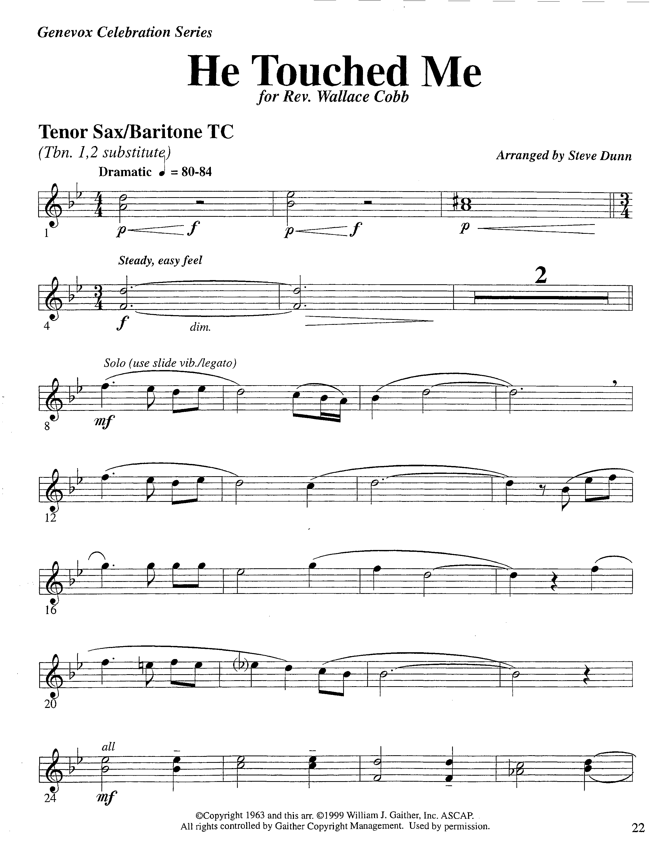 He Touched Me (Instrumental) Tenor Sax/Baritone T.C. (Lifeway Worship / Arr. Steve Dunn)