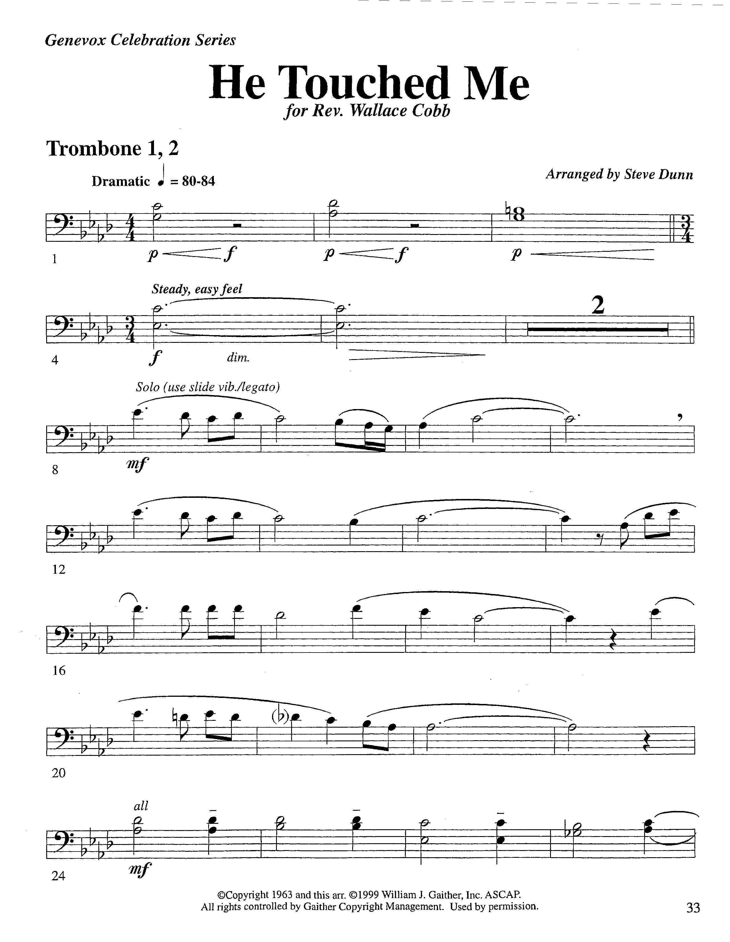 He Touched Me (Instrumental) Trombone 1/2 (Lifeway Worship / Arr. Steve Dunn)