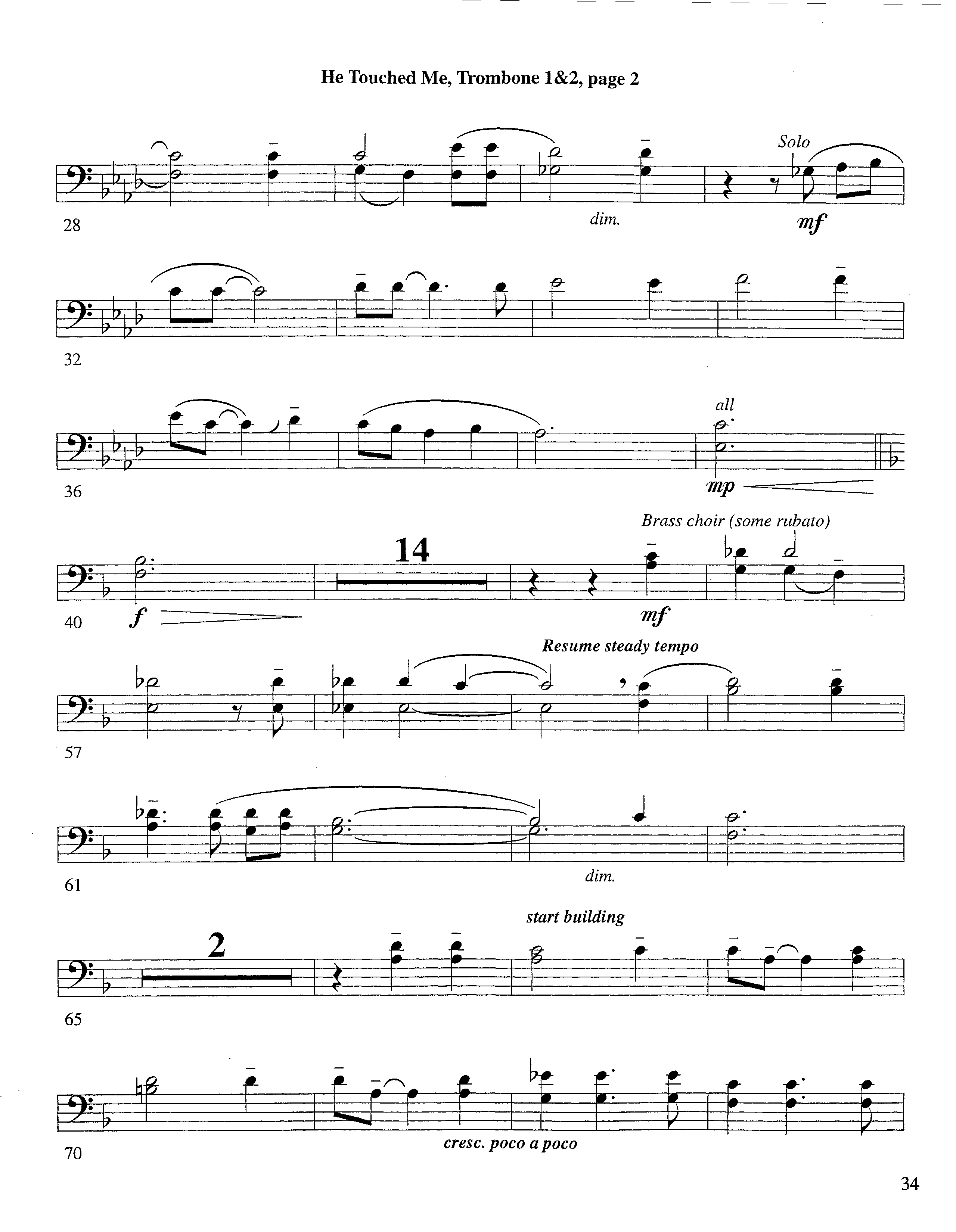 He Touched Me (Instrumental) Trombone 1/2 (Lifeway Worship / Arr. Steve Dunn)