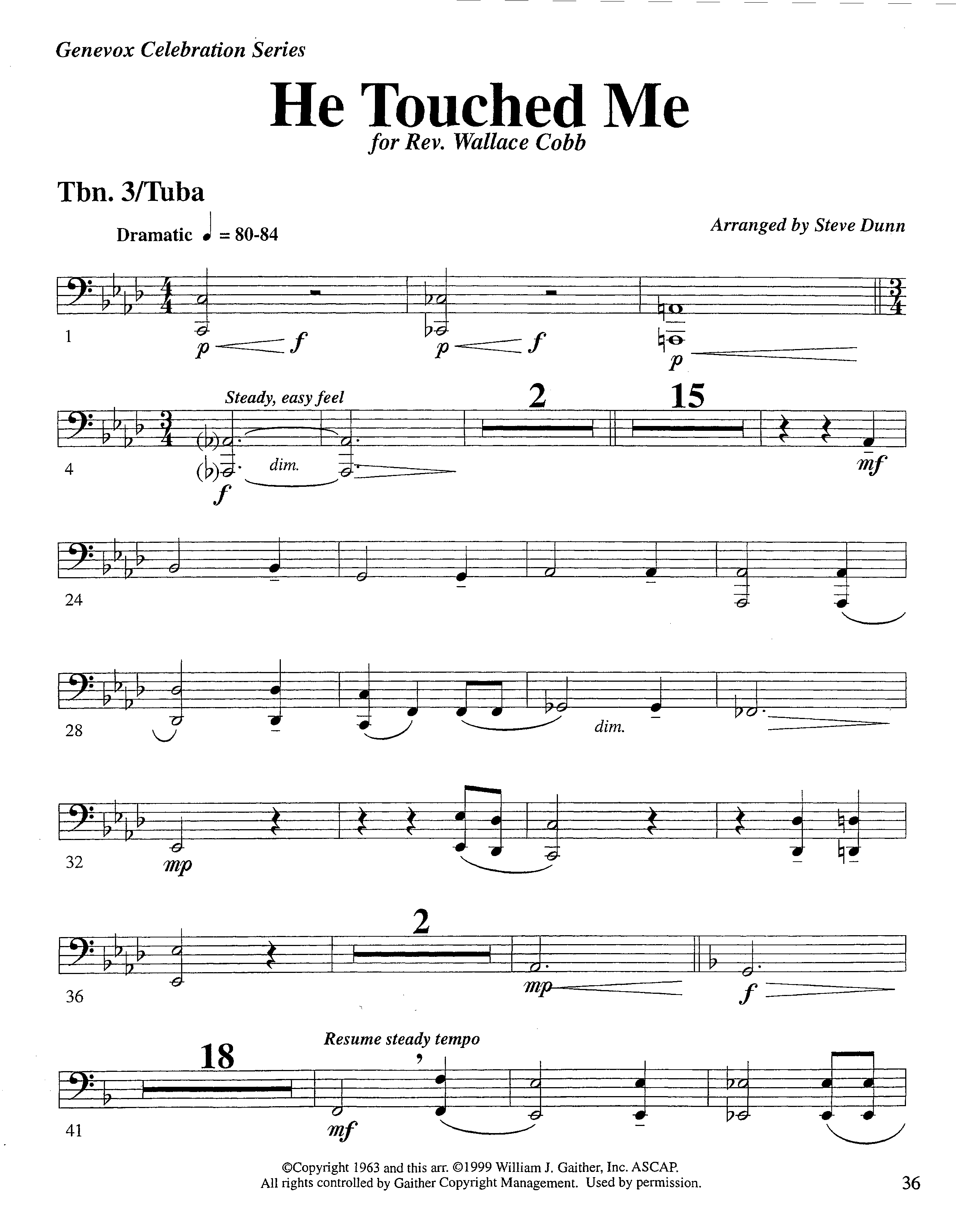 He Touched Me (Instrumental) Trombone 3/Tuba (Lifeway Worship / Arr. Steve Dunn)