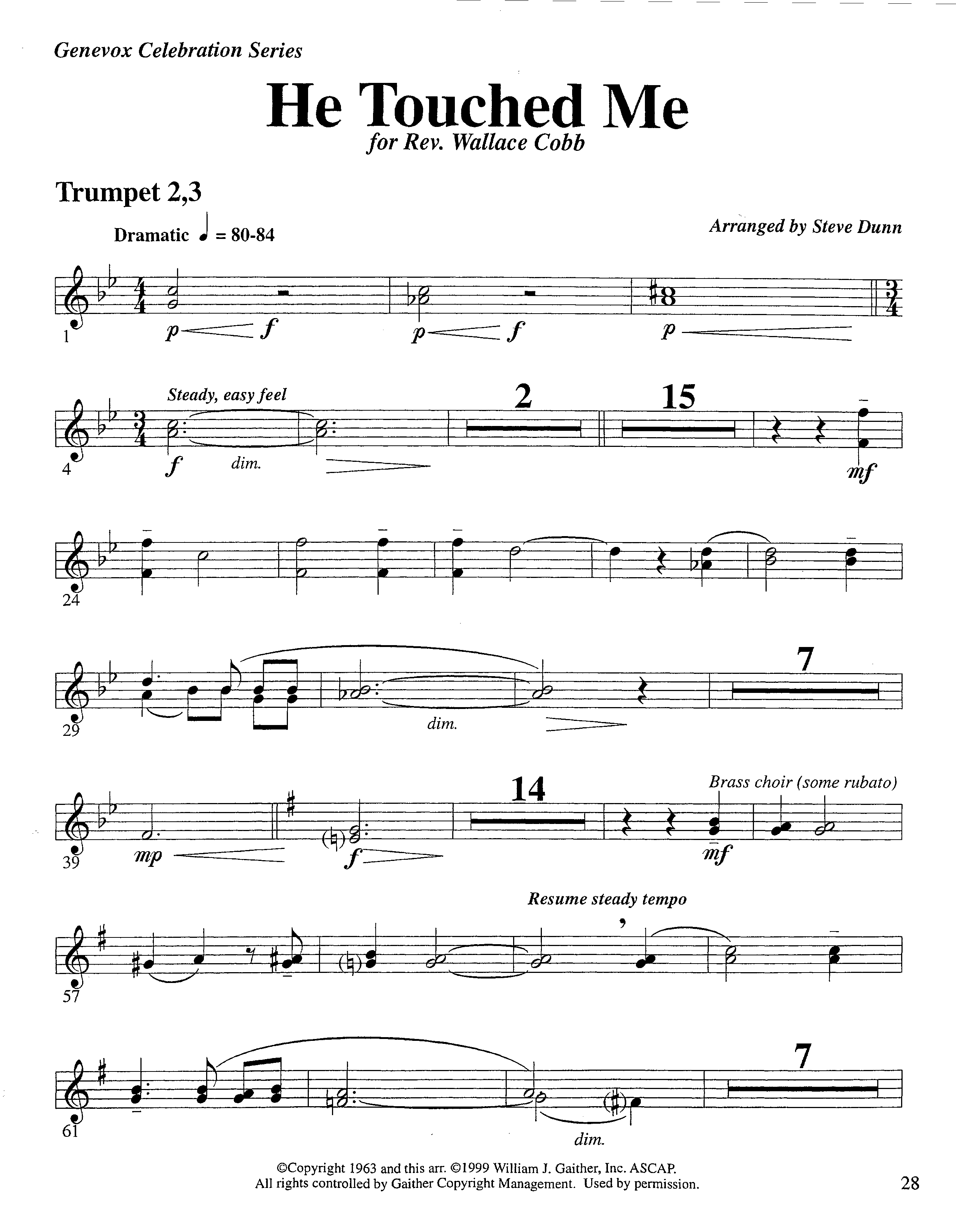 He Touched Me (Instrumental) Trumpet 2/3 (Lifeway Worship / Arr. Steve Dunn)