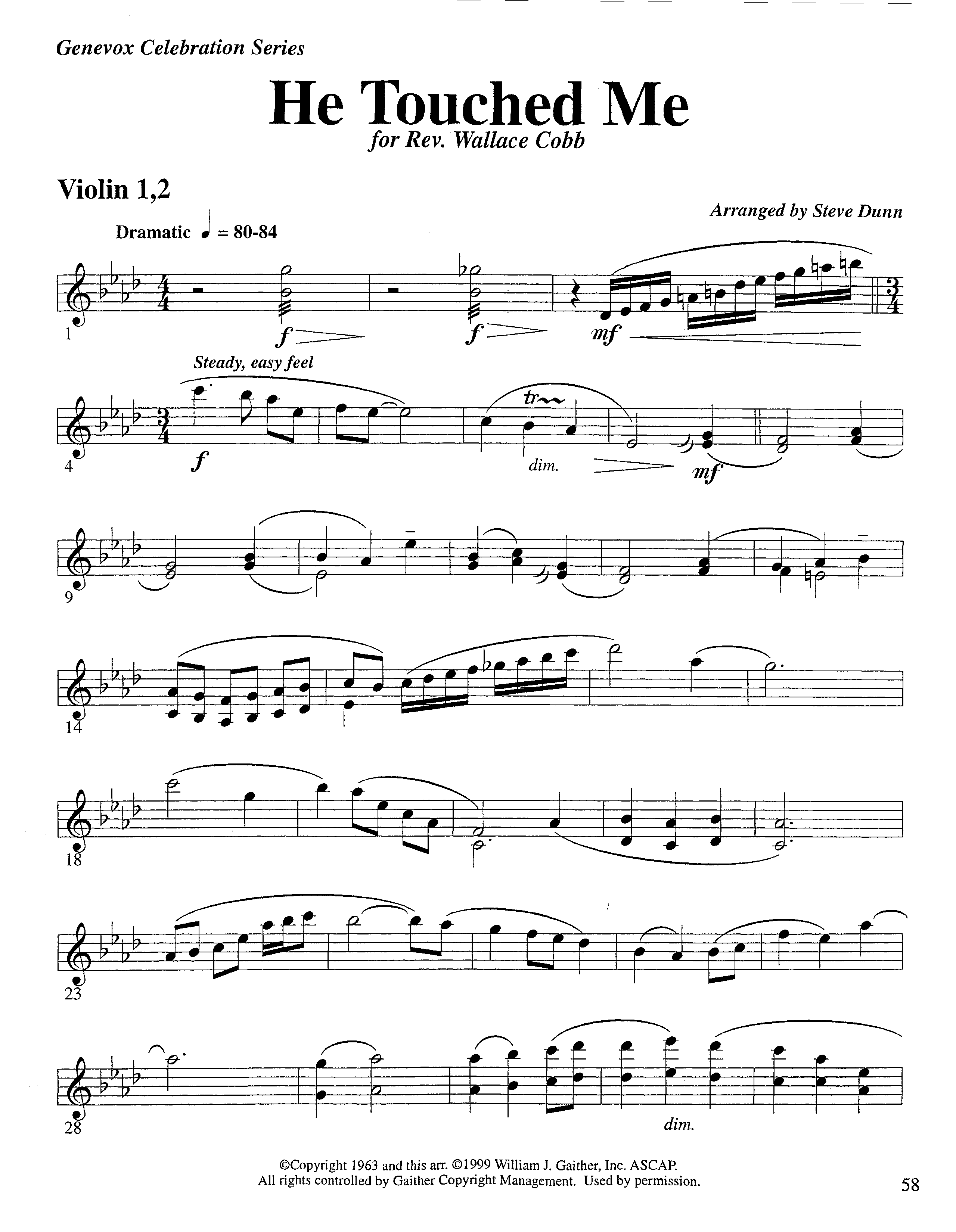 He Touched Me (Instrumental) Violin 1/2 (Lifeway Worship / Arr. Steve Dunn)