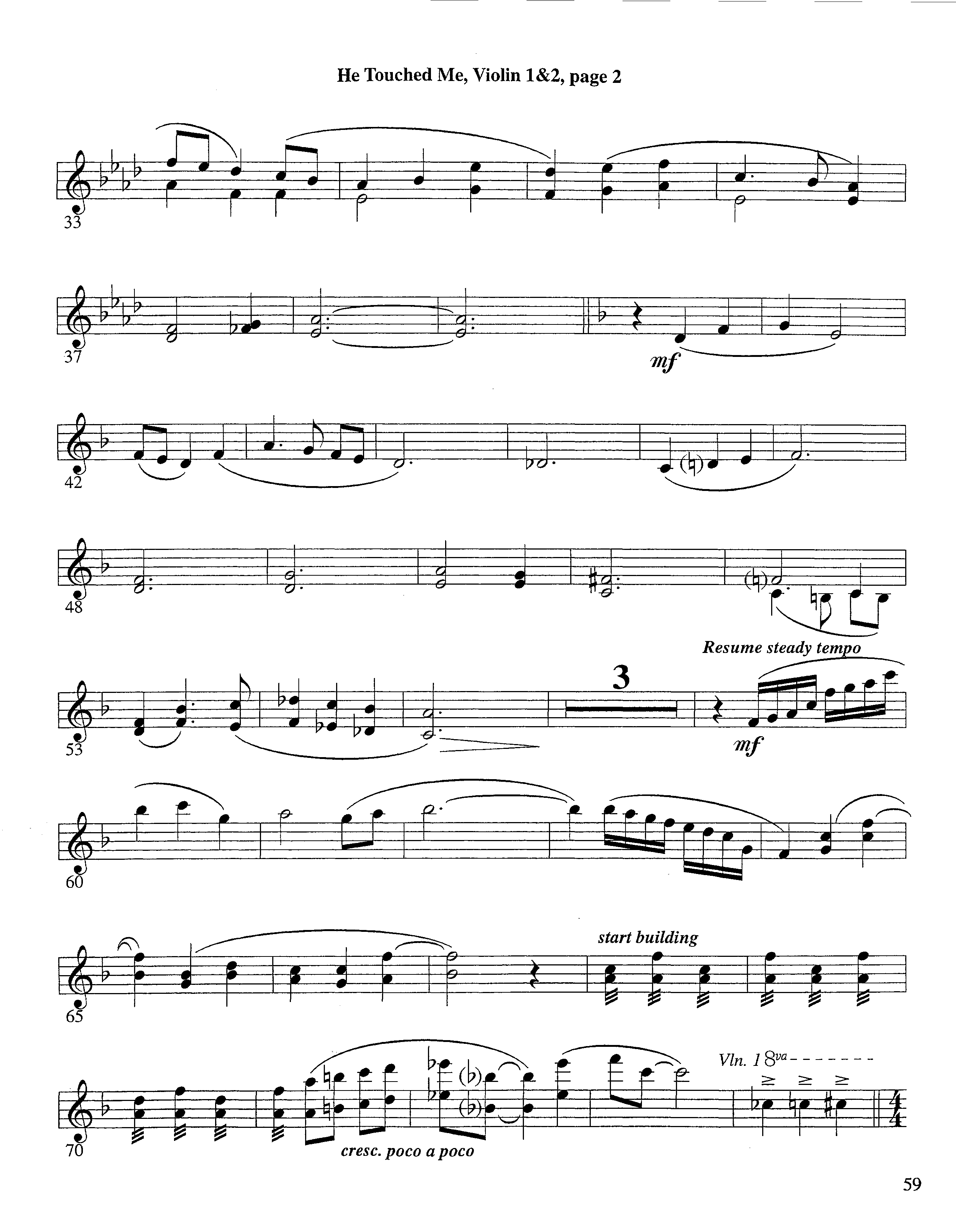 He Touched Me (Instrumental) Violin 1/2 (Lifeway Worship / Arr. Steve Dunn)