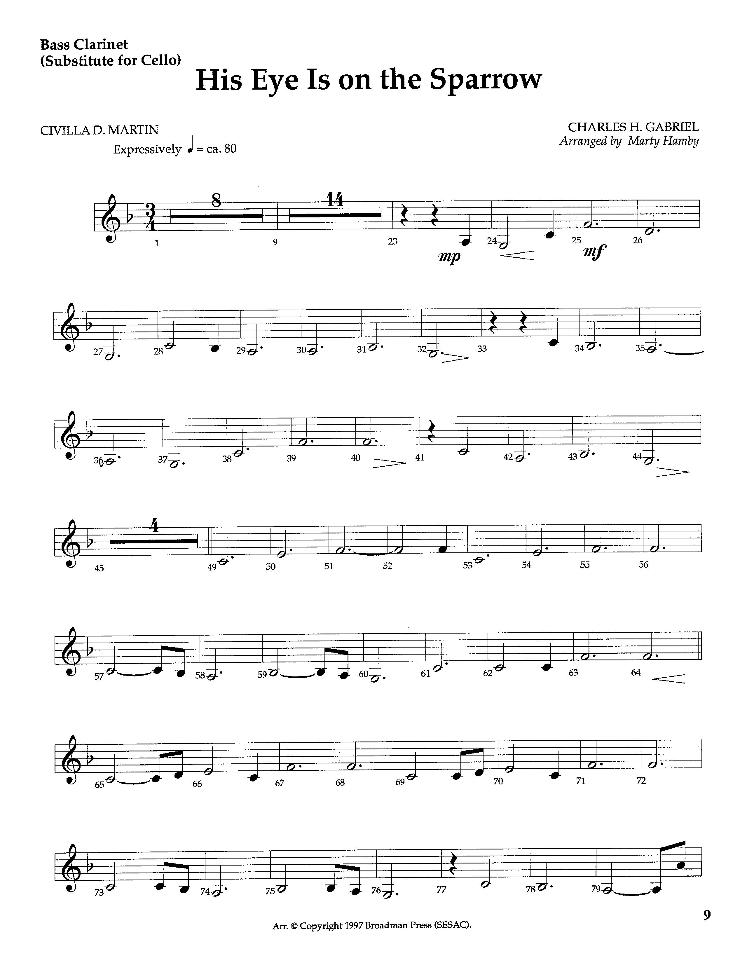 His Eye Is On The Sparrow (Instrumental) Bass Clarinet (Lifeway Worship / Arr. Marty Hamby)