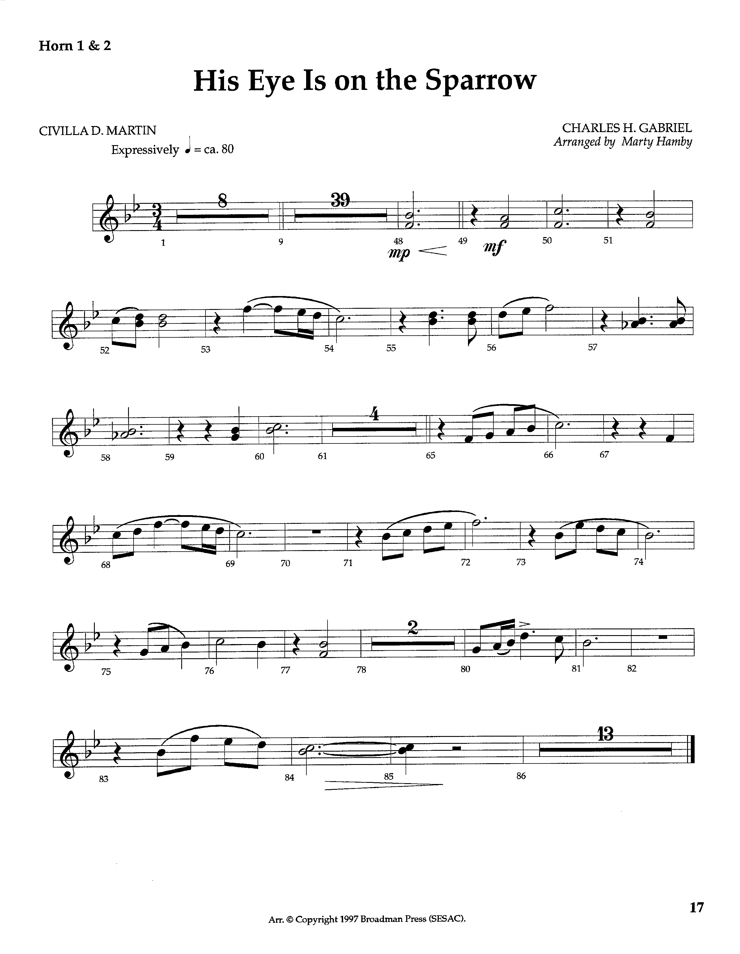 His Eye Is On The Sparrow (Instrumental) French Horn 1/2 (Lifeway Worship / Arr. Marty Hamby)