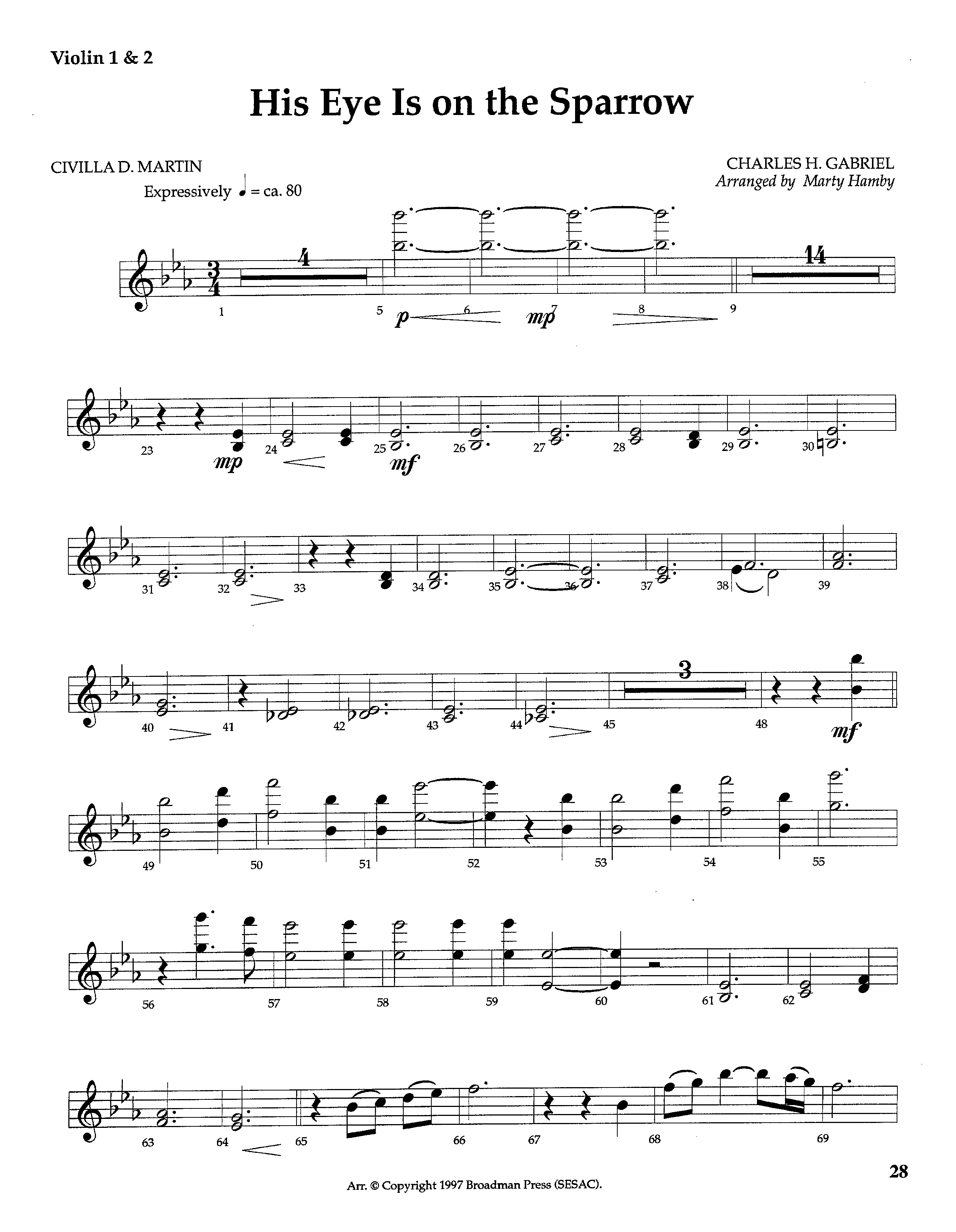 His Eye Is On The Sparrow (Instrumental) Violin 1/2 (Lifeway Worship / Arr. Marty Hamby)